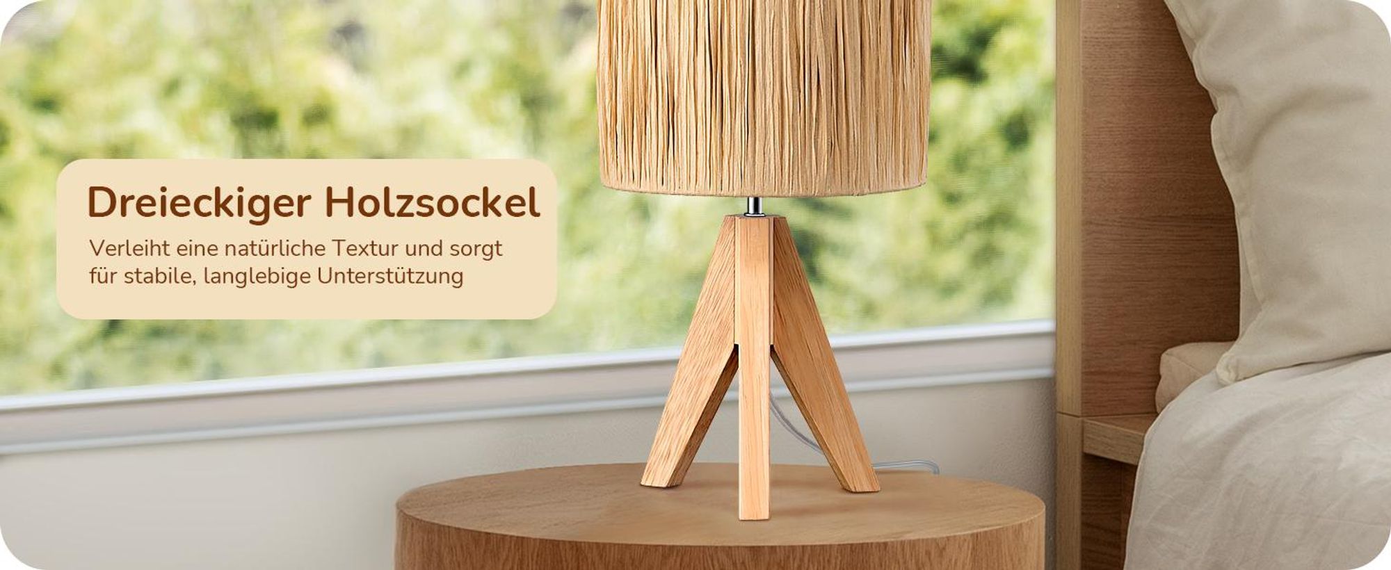 EDISHINE Nachttischlampe mit 4W Glühbirne, LED Tischlampe holzbein, Warmweiß, E27