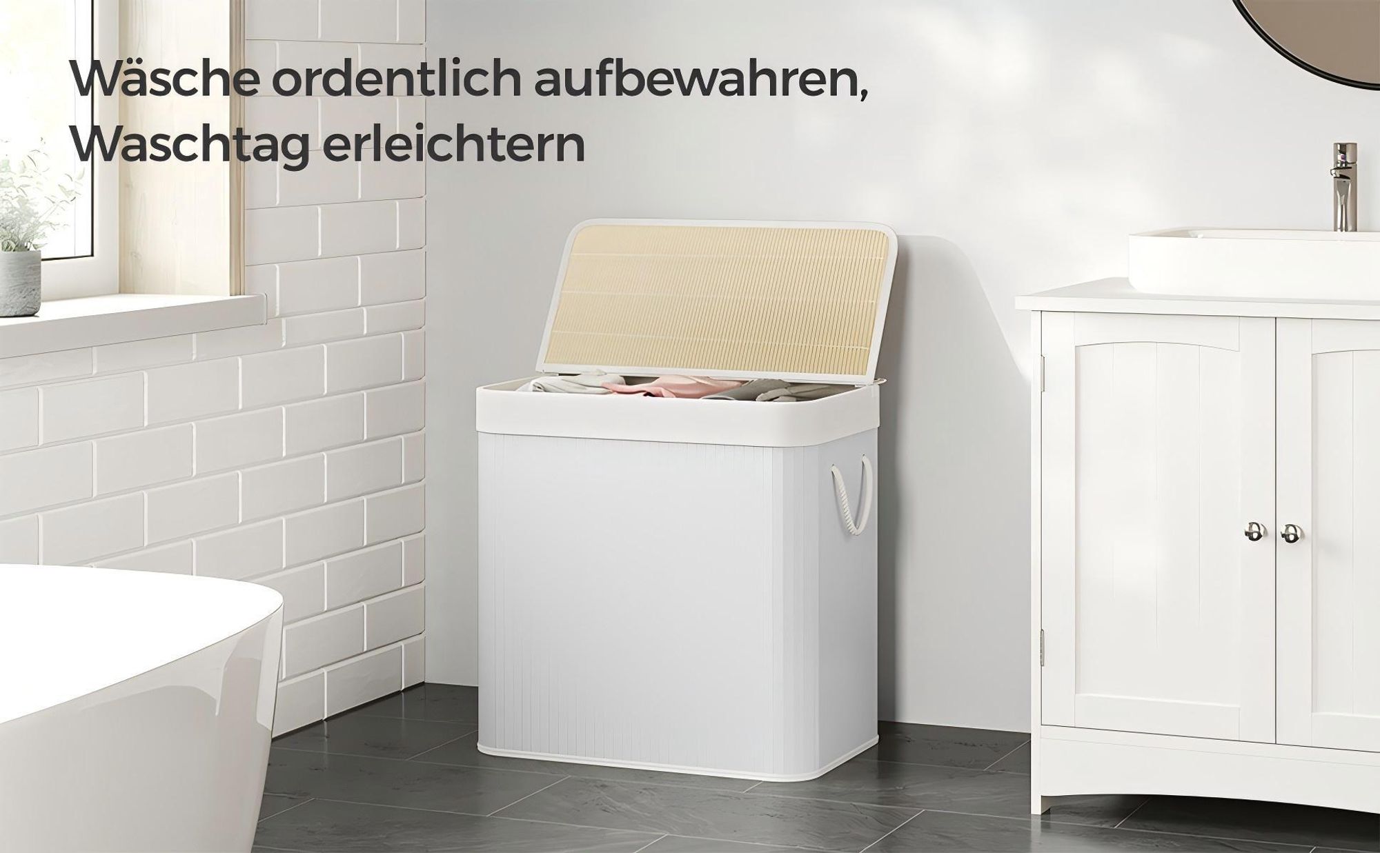 SONGMICS Wäschekorb, mit Deckel und Griffen, aus Bambus, 3 Fächern, 150 L, weiß