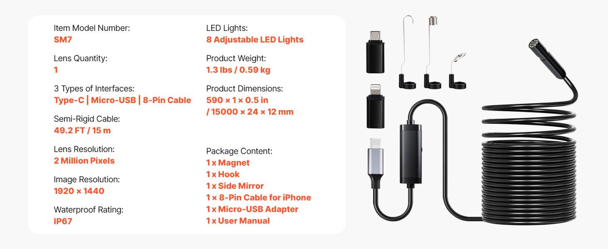 VEVOR Endoskopkamera mit Licht, Dual-Linsen-Boreskop für Android & IOS, 1920P HD Inspektionskamera mit 8 + 1 LED-Licht, 2X Zoom, 5m Schlangenkabel, IP67 wasserdichte Schlangenkamera für Auto, Sanitär, 15 m, Einzelobjektiv-a