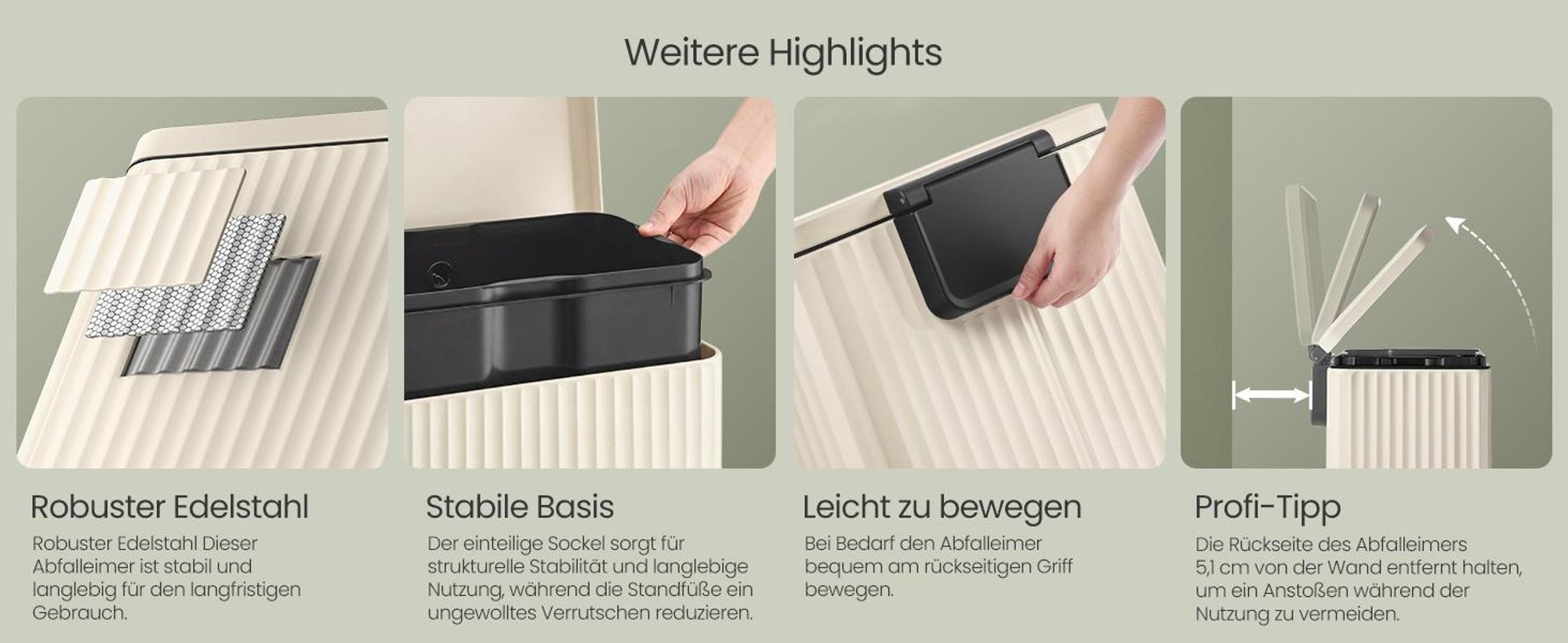 SONGMICS Mülleimer Küche, Abfallbehälter mit Deckel und Pedal, Softclose, Herausnehmbarer Inneneimer, 30 L, Beige