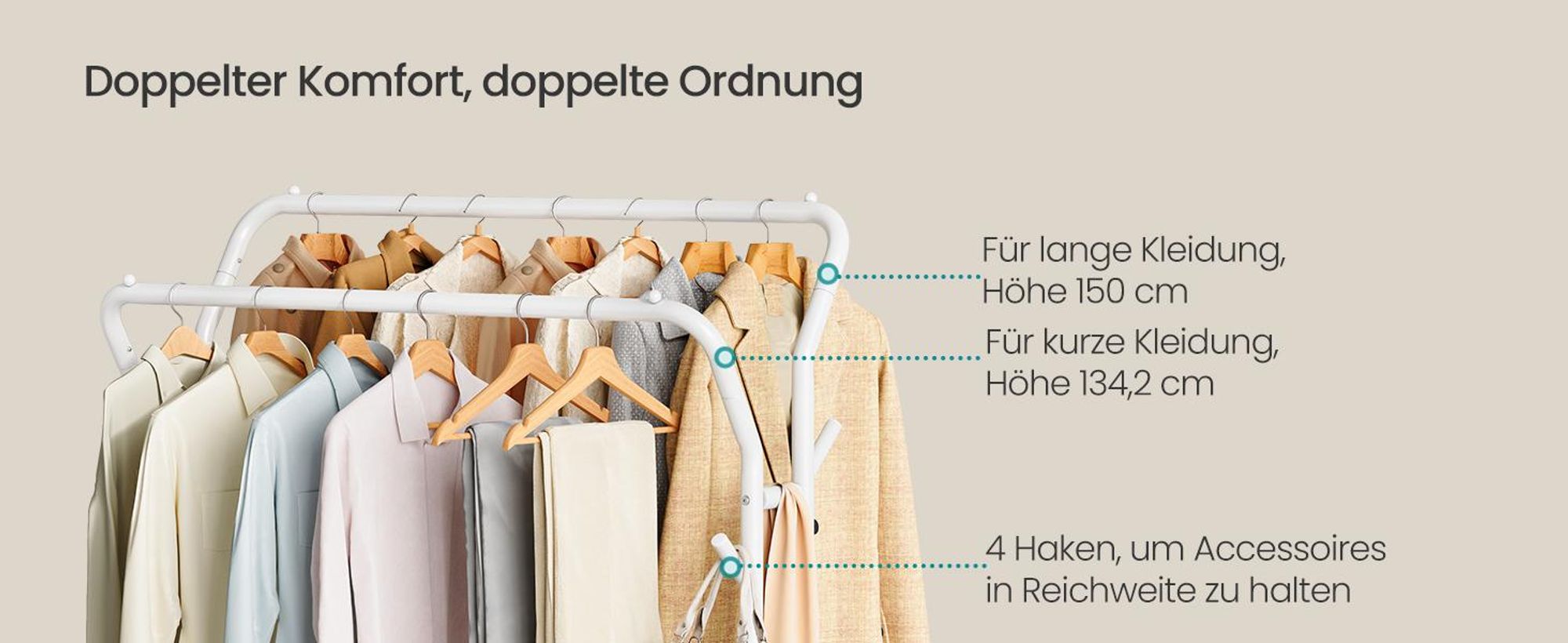 SONGMICS Kleiderständer auf Rollen 2 Kleiderstangen Garderobenständer