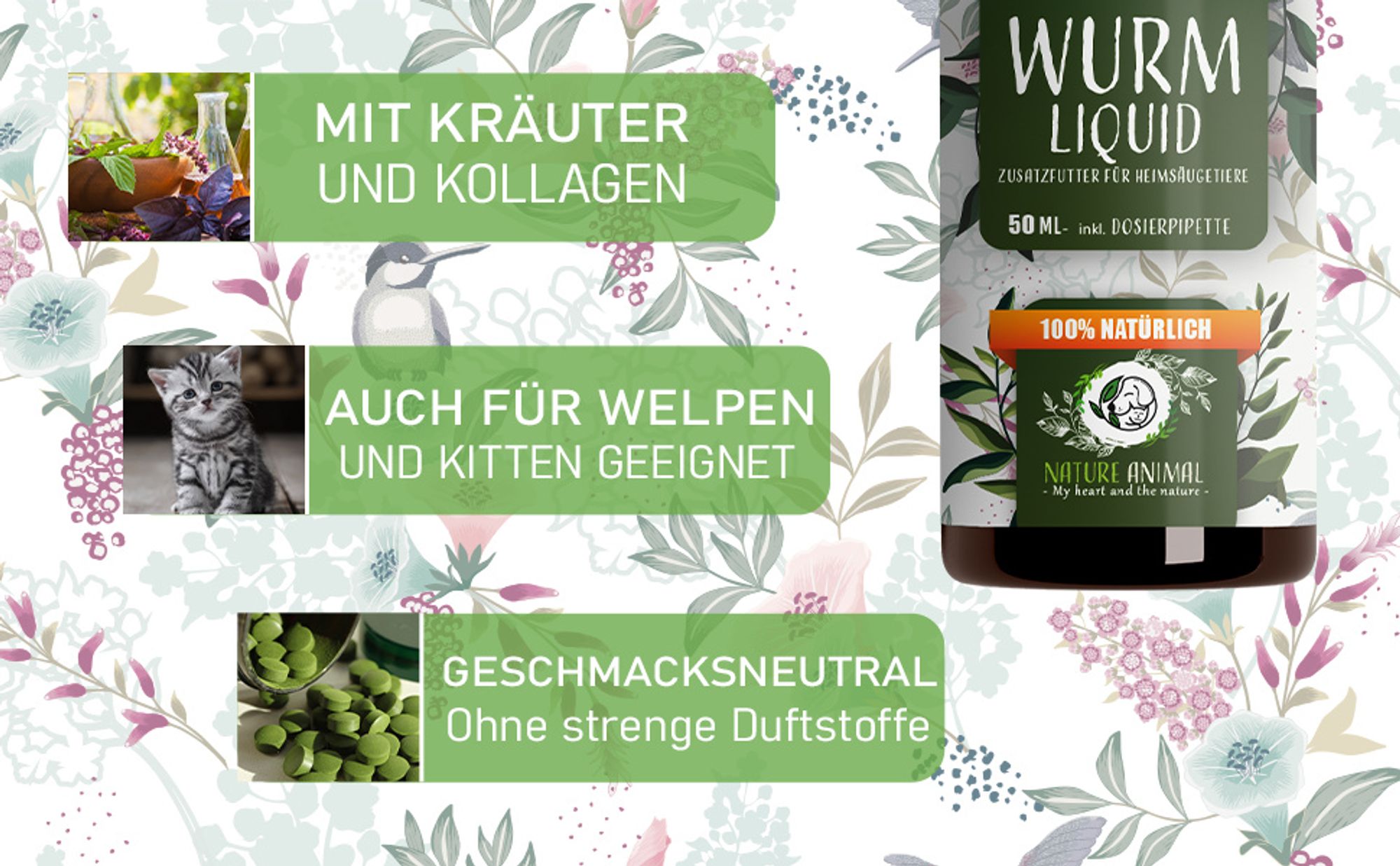 Nature Animal® Wurm Liquid – Entwurmungskur für Hunde, Katzen, Kaninchen & Geflügel – bei Wurmbefall – die flüssige Alternative - Wurmkur – entwurmen