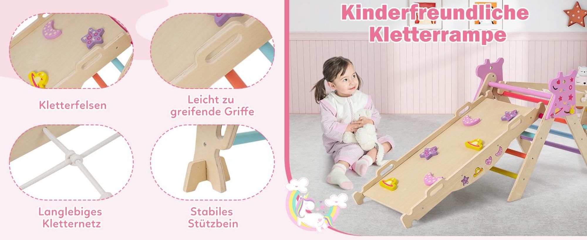 COSTWAY Klettergerüst Indoor 4er Set, klappabre Kletterdreieck mit Rutsche, Kletterbogen, Netz, doppelseitige Rampe, Baustein Set&2 Autos für Kinder1+