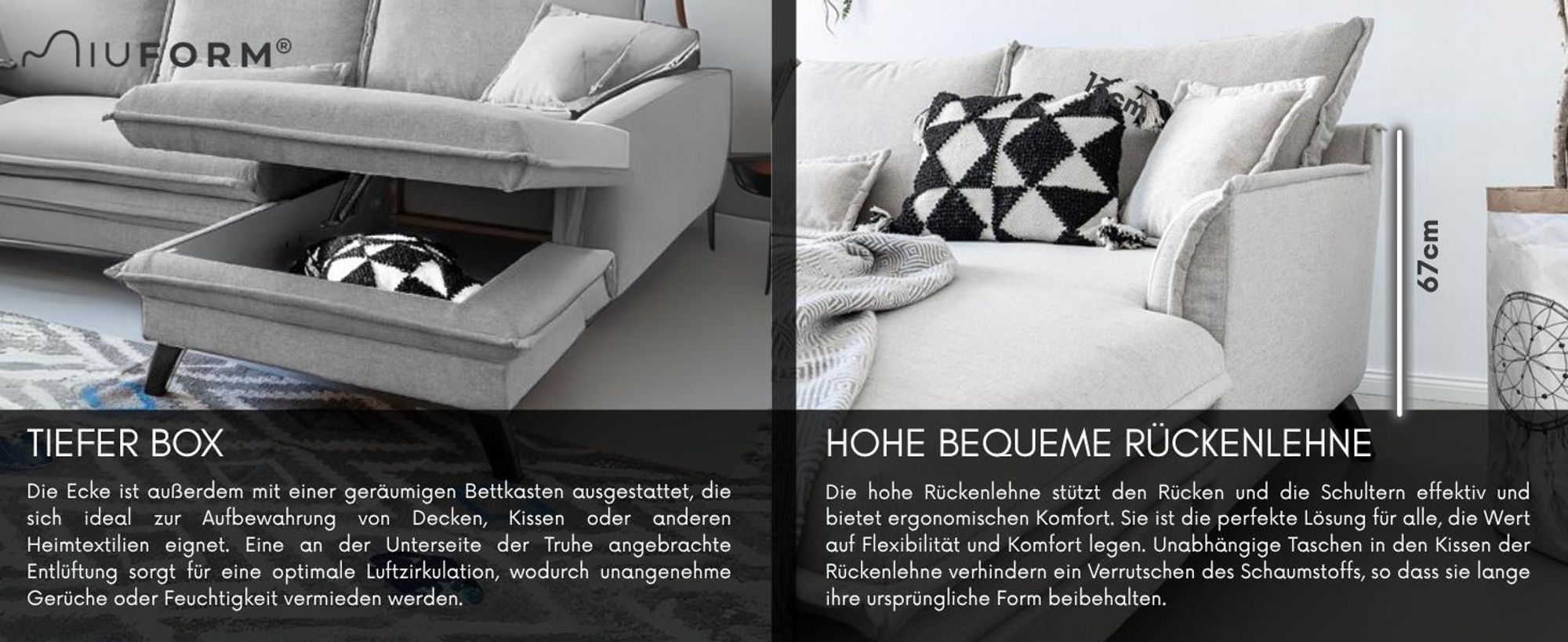 MIUFORM Charming Charlie - Ecksofa mit Bettfunktion und Bettkasten L-FORM RECHTS - 228x150cm - Dunkelgrau - Sofa Schlafsofa Couch