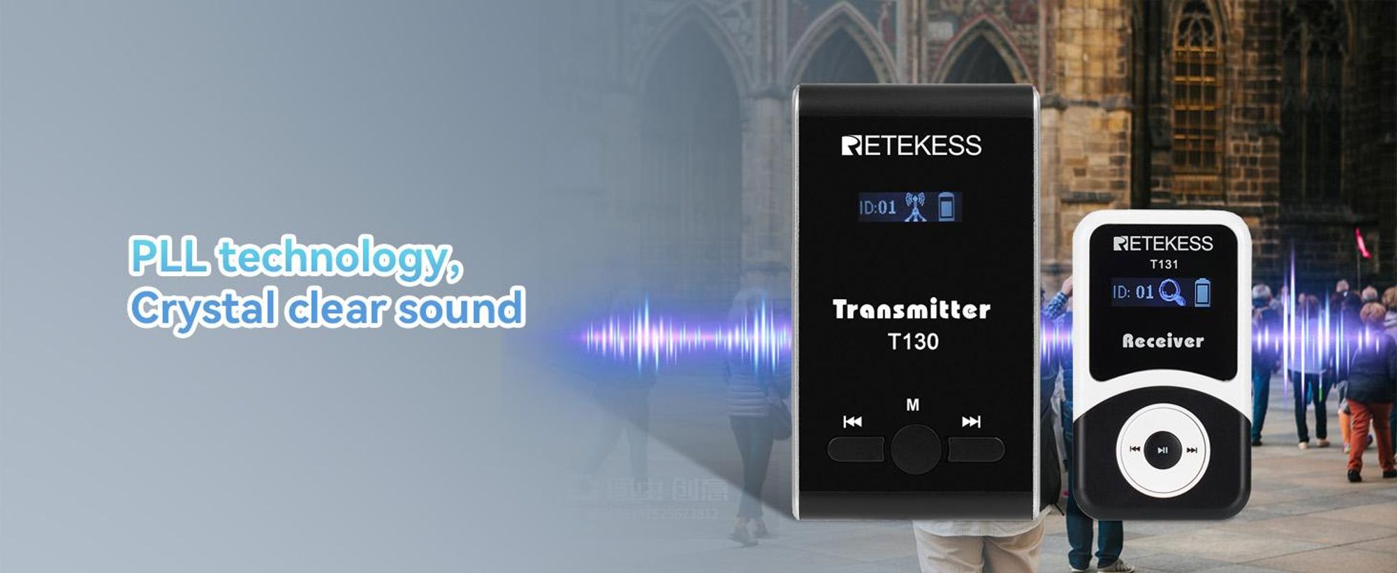 Retekess T130 Sistema Audioguida per Viaggi in Pullman, 99 Canali,60m, PLL,12Ore Sistema Cuffie Senza Fili per Guide, Sistema per Guide Turistiche