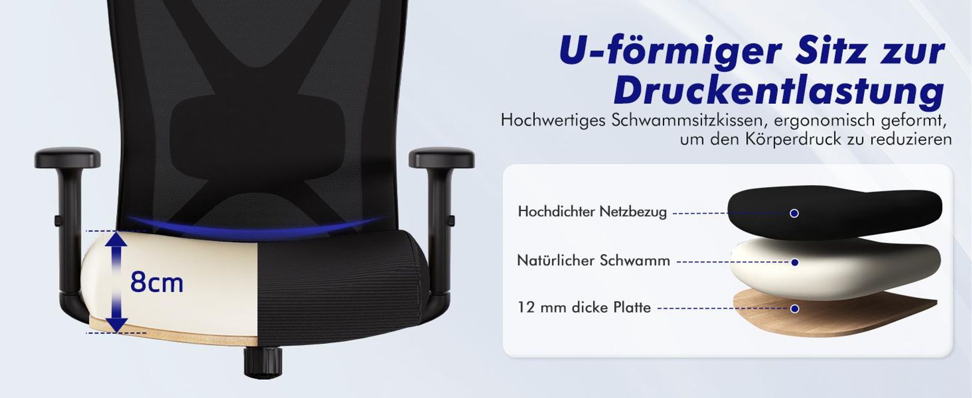 Die Armlehnen können um 10 cm nach oben oder unten verstellt werden