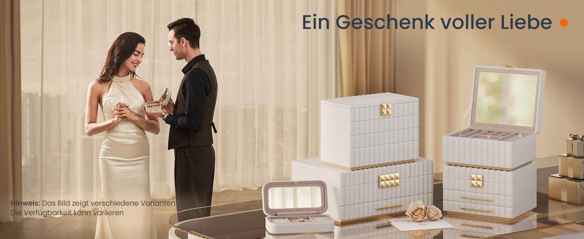 Songmics JBC179W01, Schmuckkästchen, Weiß, Glas, MDF-Platten, Metall, Kunstleder (PU), Samt, Gold, Samt, 105 mm