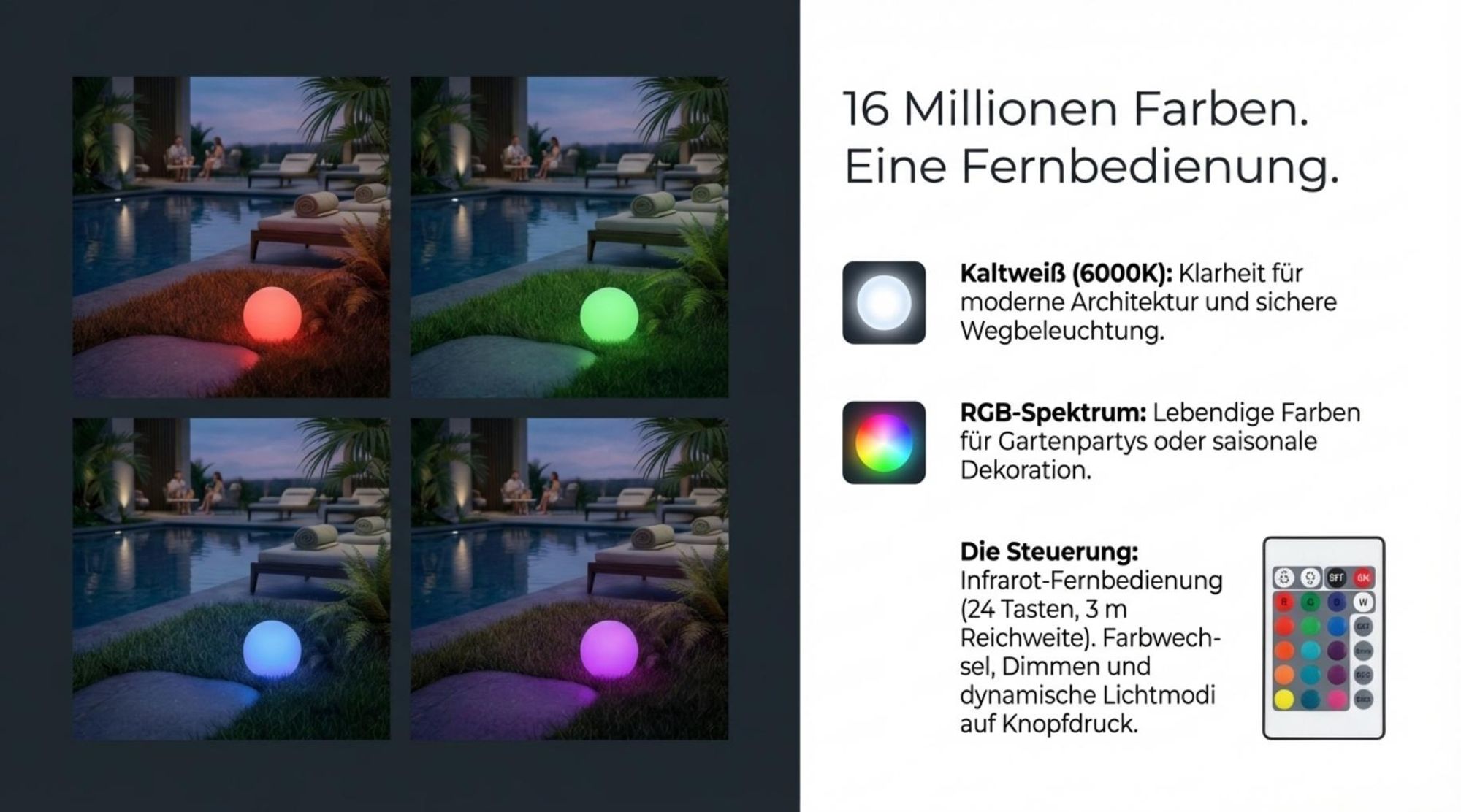MasterLED LED Solar Kugelleuchte Außenleuchte IP65 RGB+Kaltweiß 30cm mit Fernbedienung & USB Gartenbeleuchtung Solarlampe