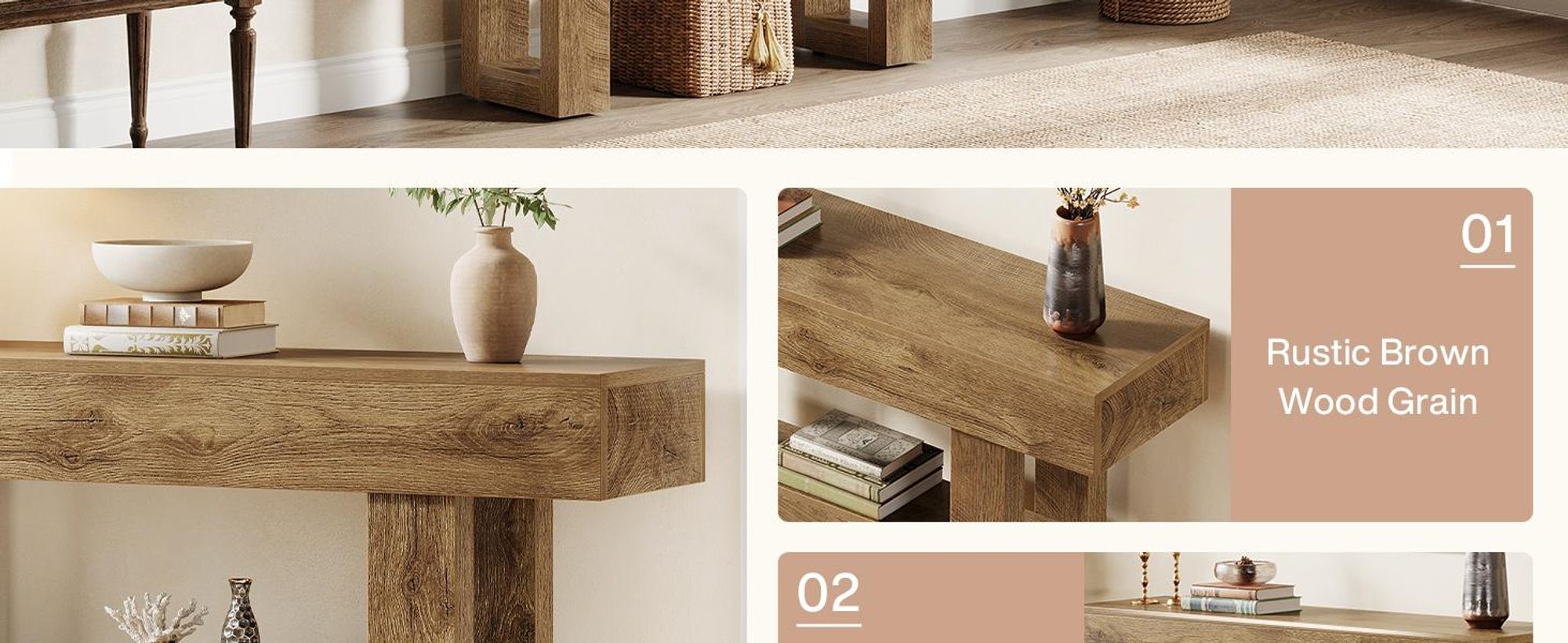 Tribesigns Konsolentisch im Landhausstil, 105 cm breit, schmal, zweistufig, mit Ablageflächen für Flur, Eingangsbereich und Wohnzimmer, hellbraun