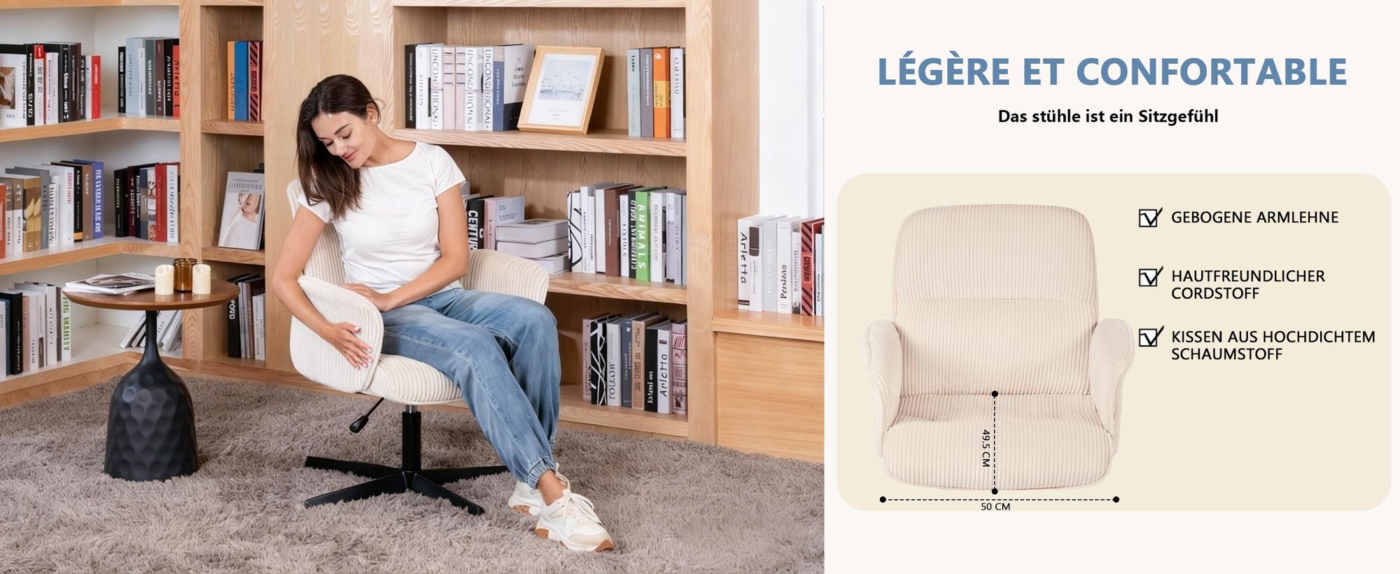 Meubles Cosy Ergonomischer verstellbarer Drehstuhl mit Armlehnen aus beigem Cord – THOMASINA