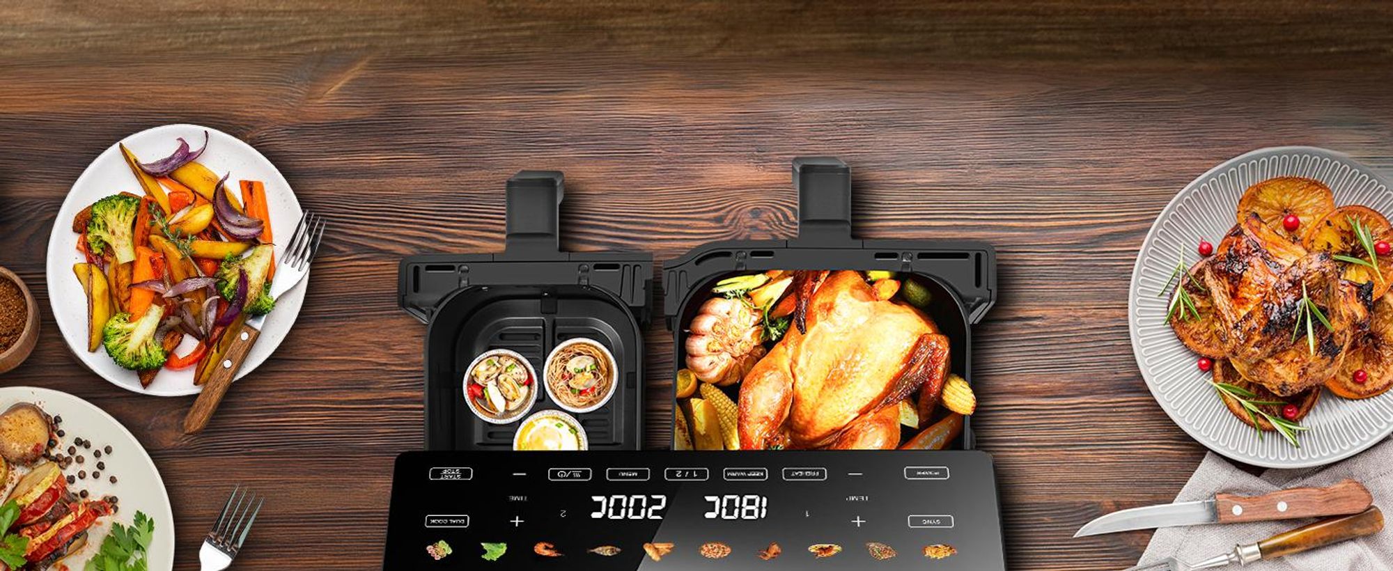 Extralink Air Fryer Dual Basket 10 l Heißluftfritteuse 2500 W mit 2 Körben und Touchdisplay