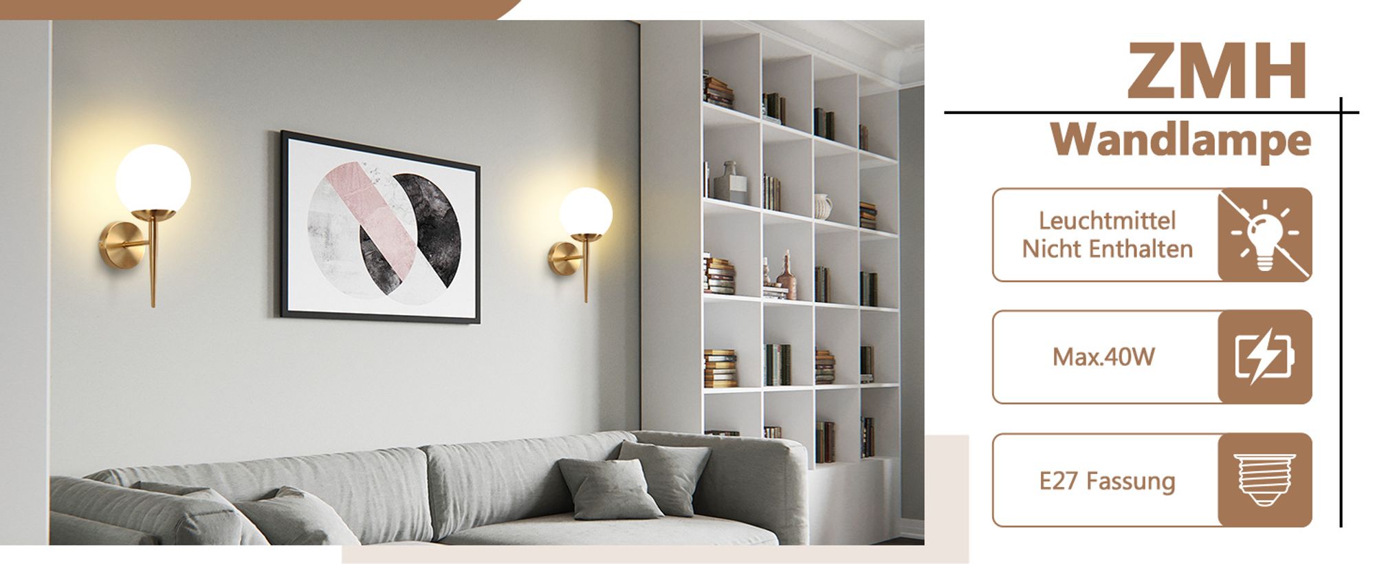 ZMH Wandleuchte Innen Wandlampe Schlafzimmer Wandbeleuchtung Glaskugel Treppenhaus Gold Vintage Flurlampe Badezimmer Glas Lampenschirm Modern Design E27 Beleuchtung für Flur Bad Ohne Leuchtmittel