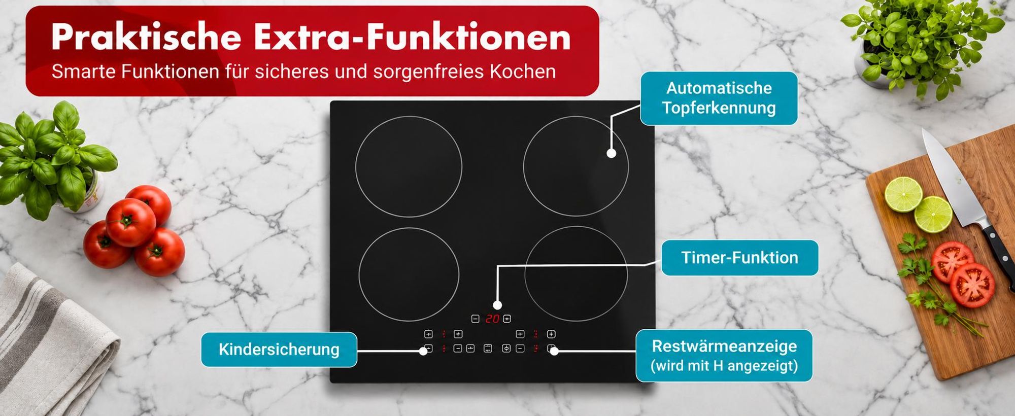 Tomado TIH6010B Freistehendes Induktionskochfeld - 4 Zonen - Plug & Play