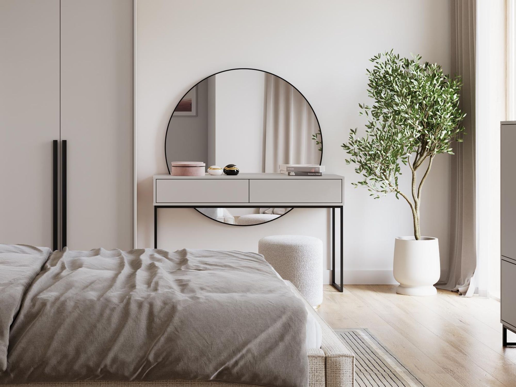 BEAUTYSOFA | GIANA Schminktisch 137 cm, Sandbeige, Frisiertisch grifflos mit 2 Schubladen, Kosmetiktisch modern Konsole, Push-to-Open, Metallgestell