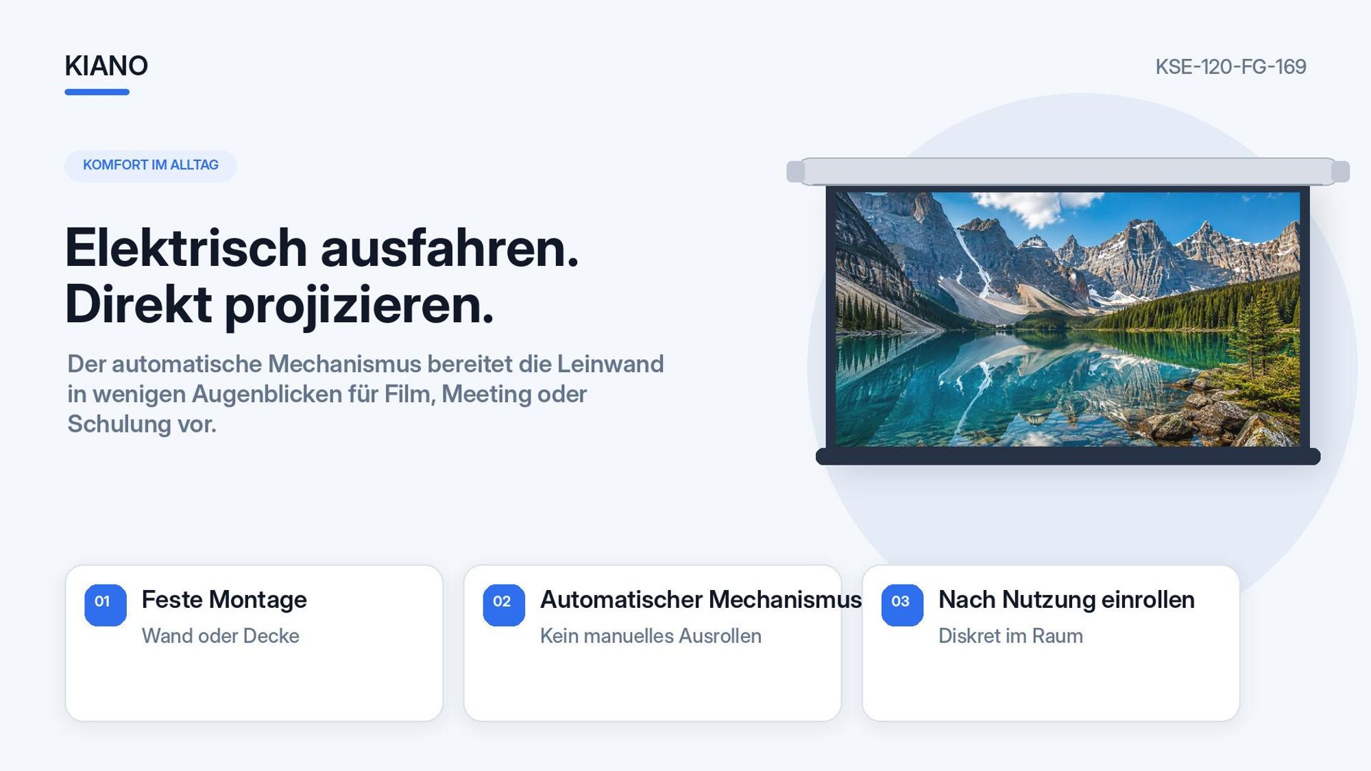 Kiano Electric 120 Zoll Beamer-Leinwand 16:9 Fiberglass, elektrisch, Wand- und Deckenmontage für Heimkino und Büro