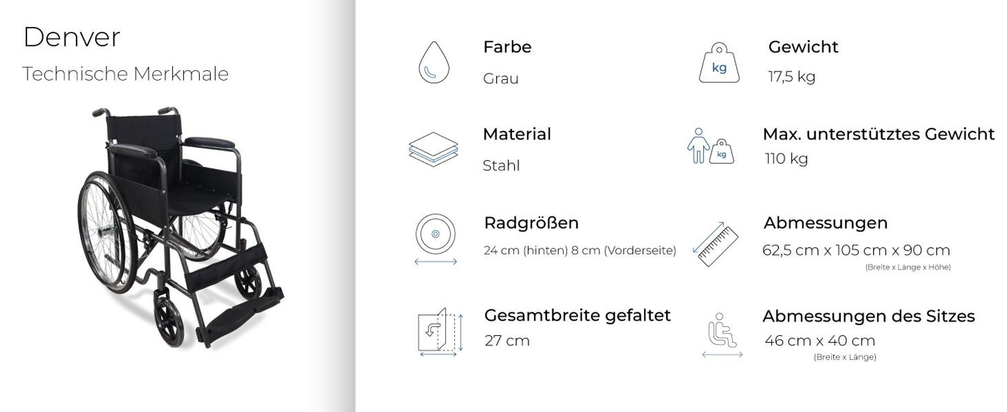 Rollstuhl Faltrollstuhl Denver Faltbar Mobiclinic Sitzhöhe 46 cm Handbremse abnehmbare Rückenlehne stabil leicht Farbe Schwarz