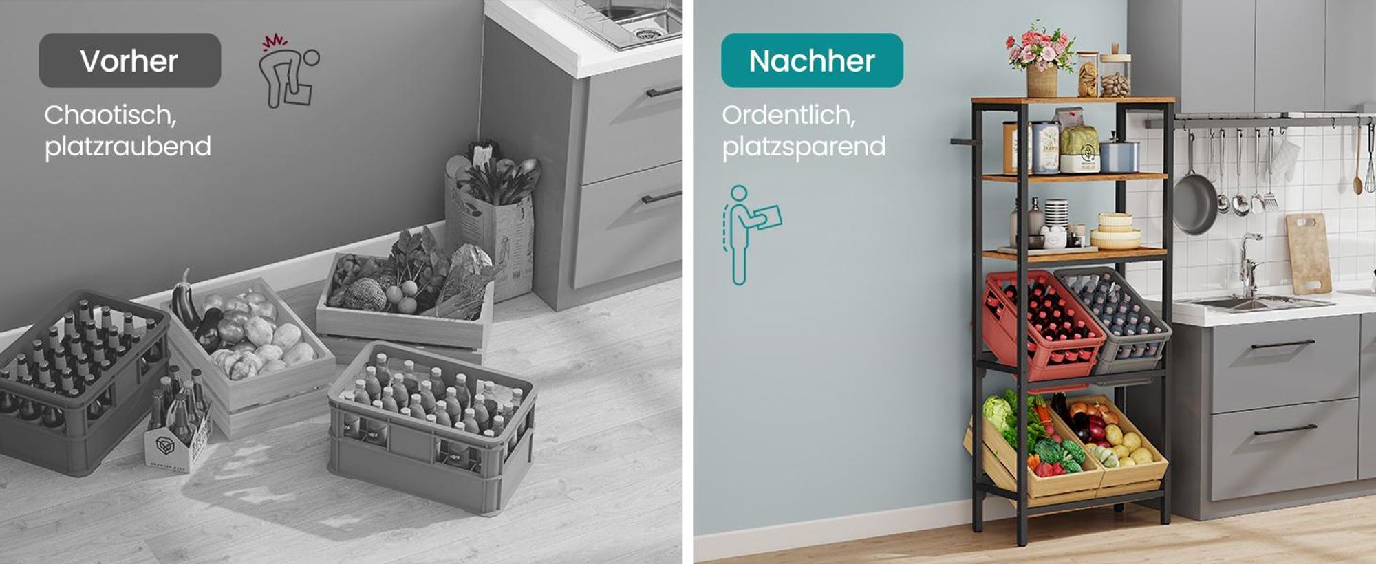 SONGMICS Getränkekistenregal, 2 Ebenen für 4 Kisten, mit 3 Ablage, Stahl, Getränkeregal, braun-schwarz