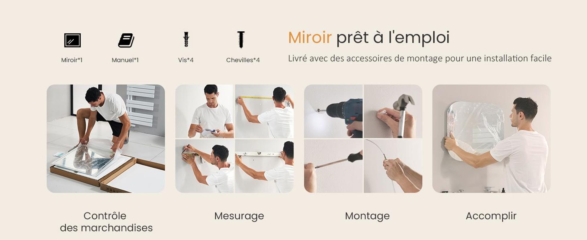 EMKE Miroir de salle de bain LED 50 x 50 cm Miroir de salle de bain avec antibuée, 3 couleurs de lumière Miroir de salle de bain avec interrupteur tactile, miroir mural à intensité variable avec fonction mémoire