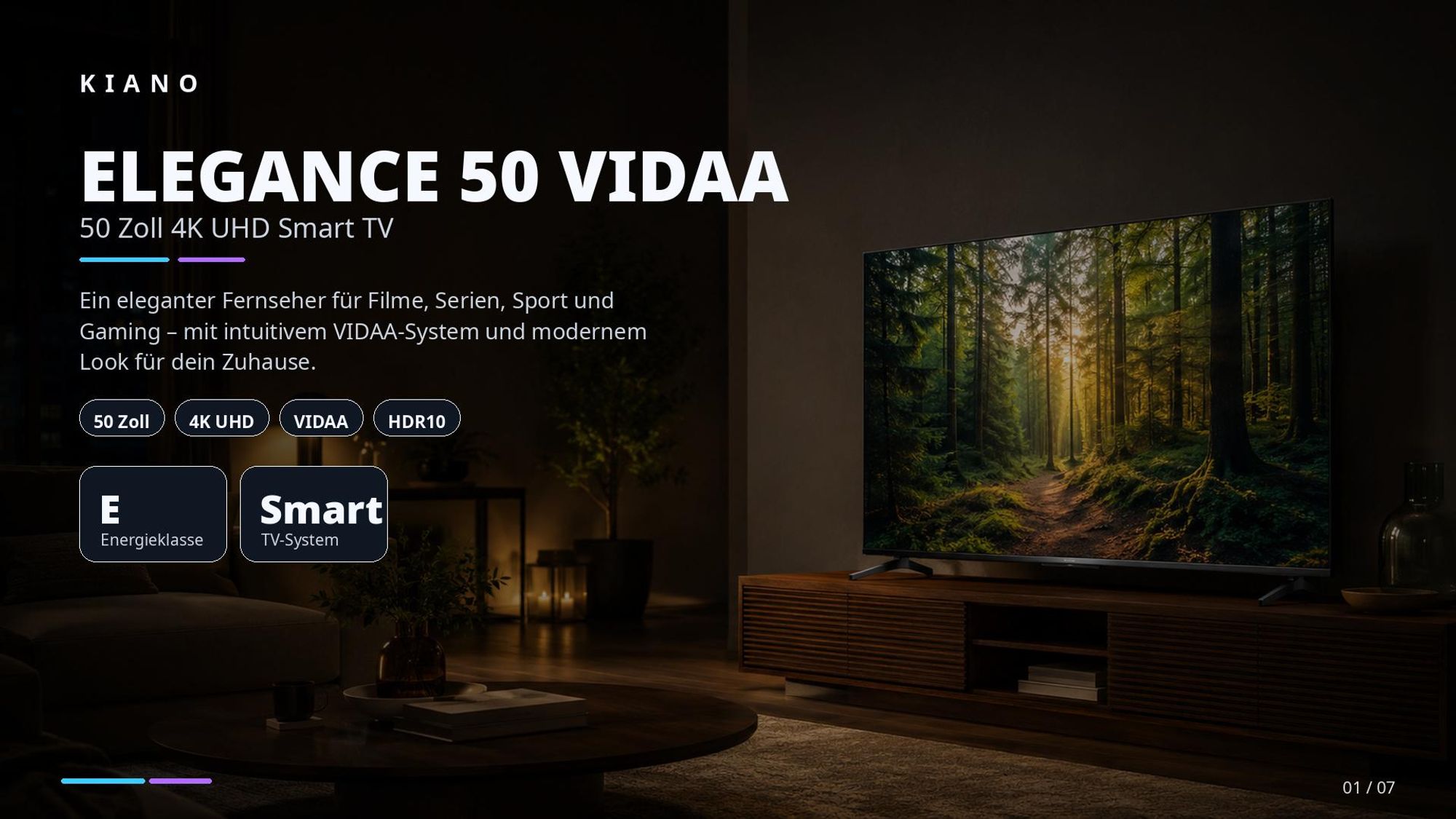 Kiano Elegance 50 Zoll Full HD Smart TV VIDAA, DLED, HDR10, Wi-Fi, 3x HDMI, 2x USB, DVB-T2/S2, PVR, Miracast, rahmenloses Design