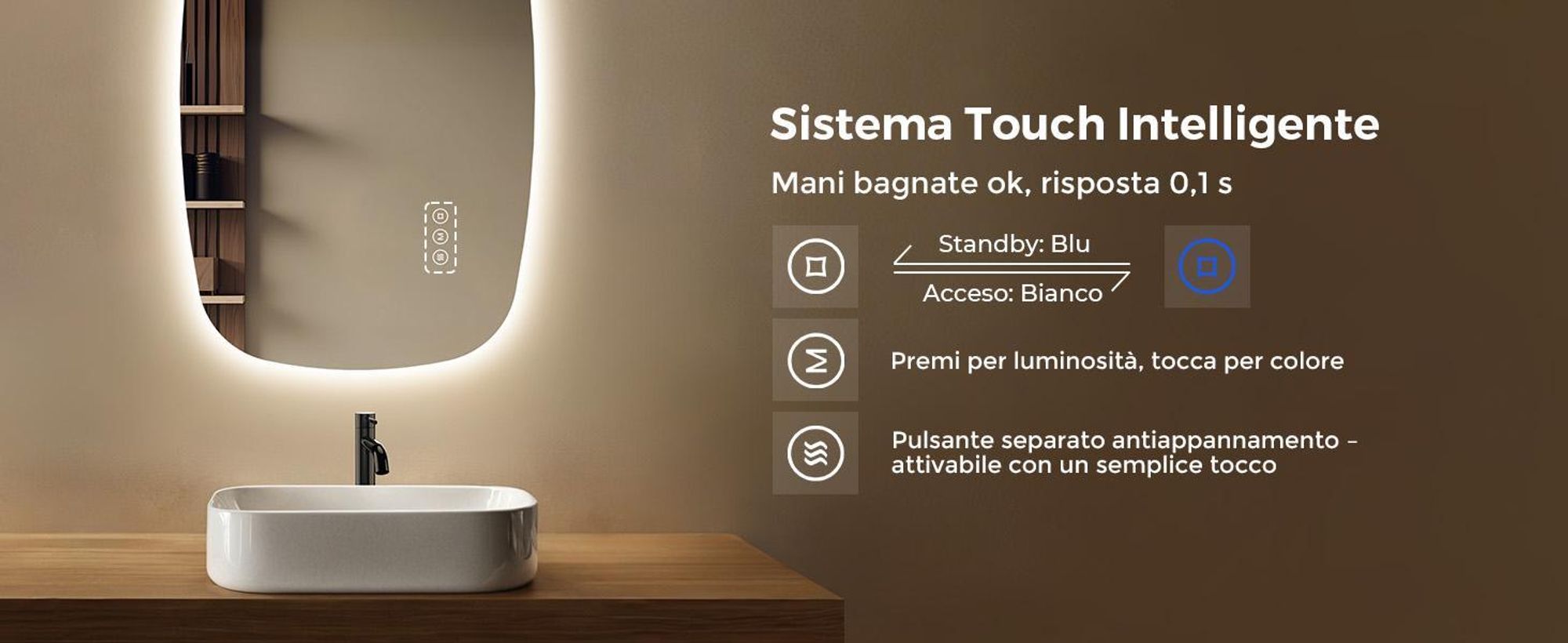 S'AFIELINA 80×50 cm specchio da parete LED - specchio da bagno con illuminazione, vetro HD, dimmerabile, LED a 3 colori, antiappannamento, appendibile in orizzontale e in verticale