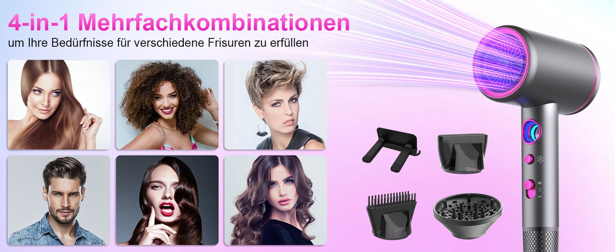 Föhn, Haartrockner 2400 W, Haartrockner Ionen mit Diffusor, schnell trocknend, geräuscharm, warm/kaltem Knopf, 2 Geschwindigkeiten
