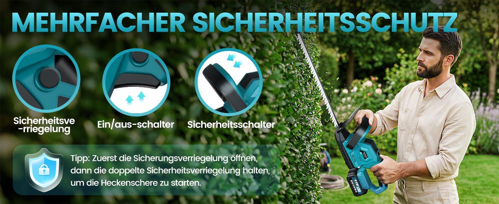Akku Heckenschere 21V 1000W Brushless Motor 53cm Heckenschere mit 2 Akkus 4000mAh Akkustandsanzeige 180° Griff Garten