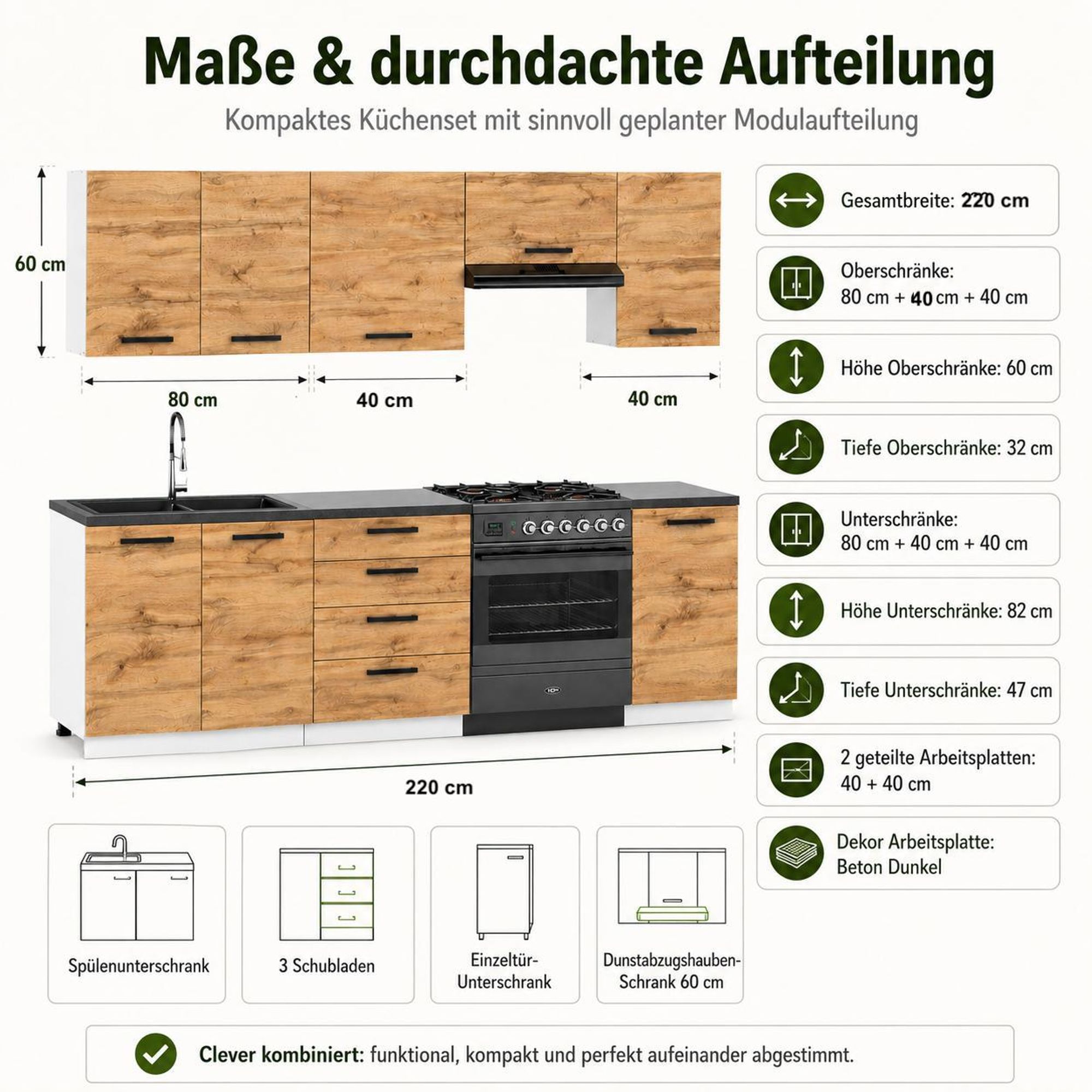 Maßübersicht der 220 cm Küchenzeile in Eiche Wotan mit Ober- und Unterschränken.