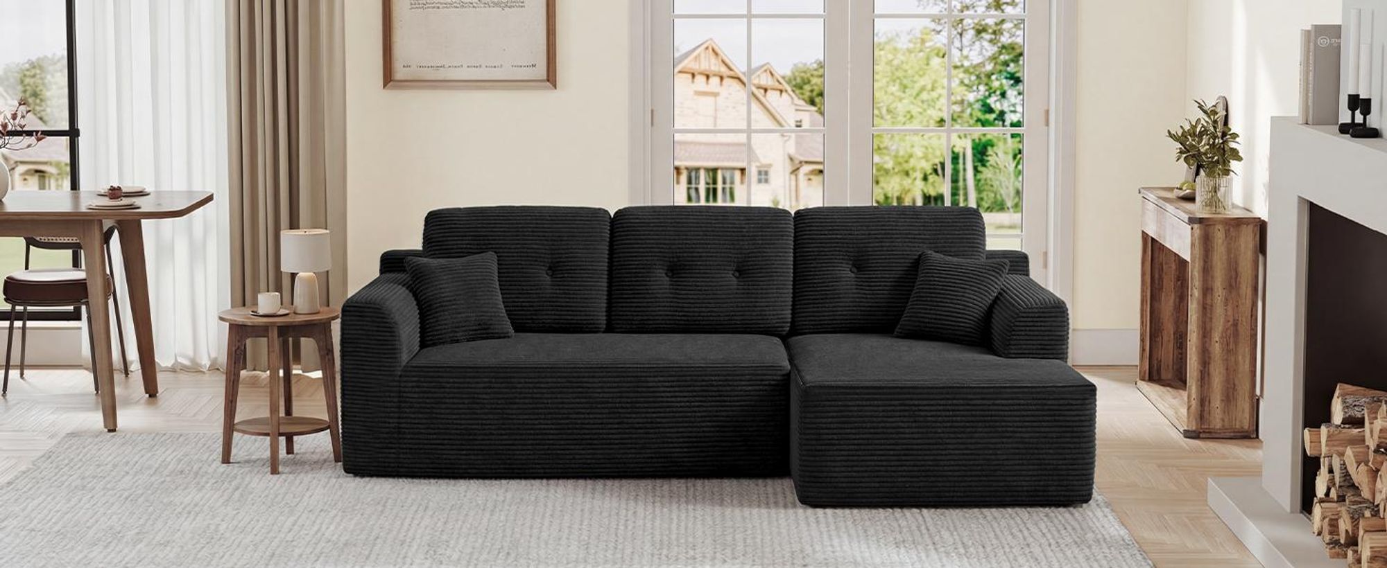 VASAGLE Modulares Sofa, Ecksofa mit Liege rechts, 242 cm breit, vakuumverpackt, keine Montage erforderlich, Schwarz