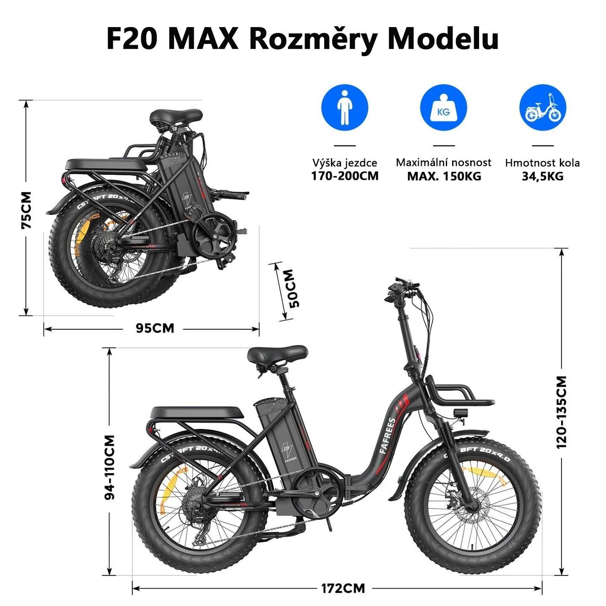 Elektrické kolo FAFREES F20 Max - Baterie 48V 30Ah, pneumatiky 20", mechanické kotoučové brzdy - Černá barva