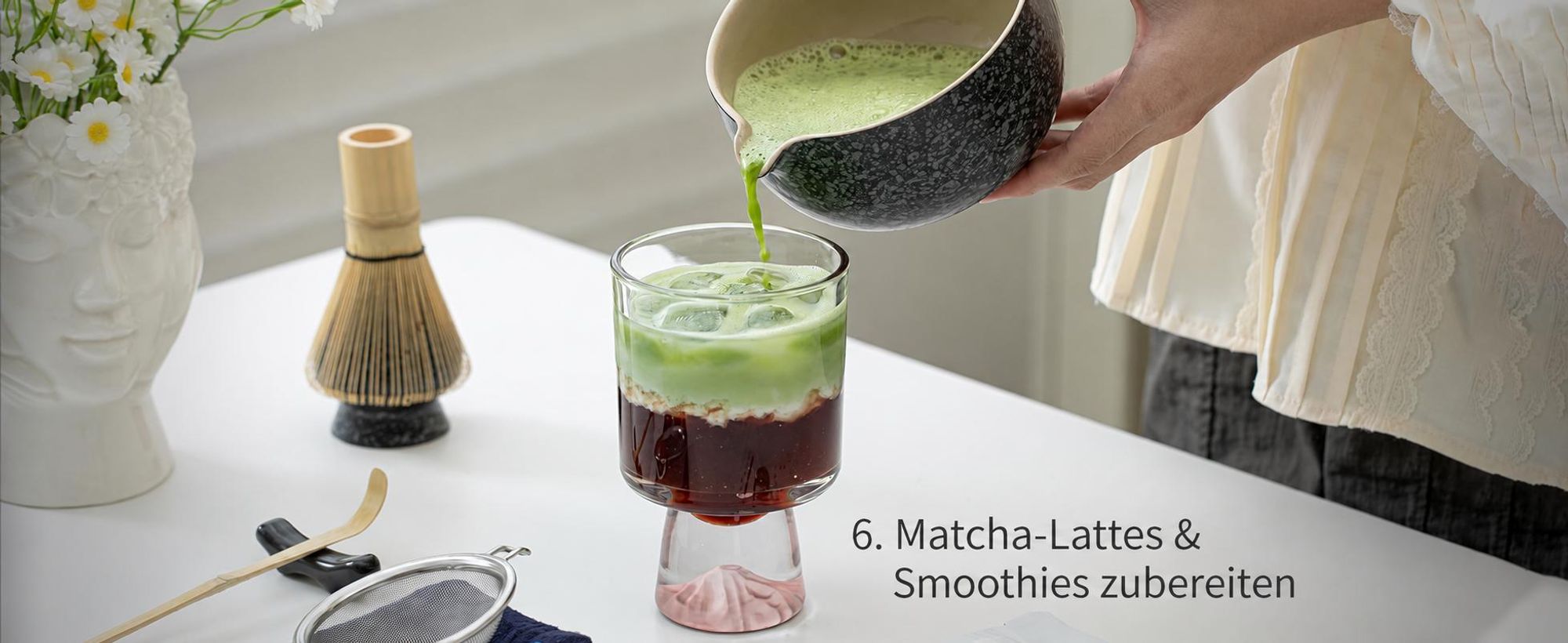 Matcha Set, 7-tlg. Komplettset, Matcha Schale mit Ausgießer, Bambus Besen, Zubehör für Matcha Zeremonie, Naturmaterialien, Geschenkidee