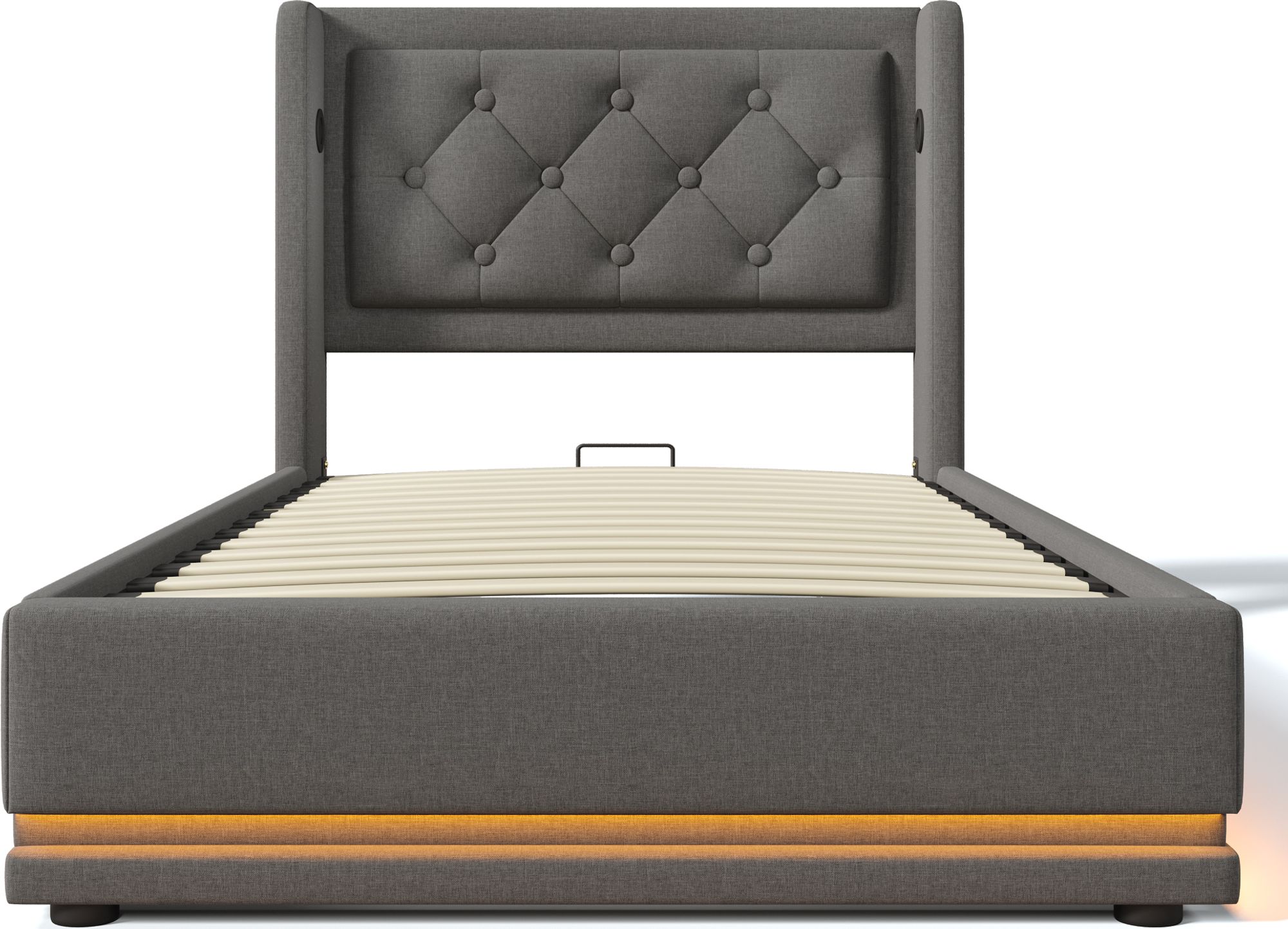 Flieks Polsterbett 90x200cm mit USB & Typ-C, Einzelbett Jugendbett mit LED, Hydraulisches Stauraumbett Boxspringbett mit Lattenrost, Baumwolle, Grau