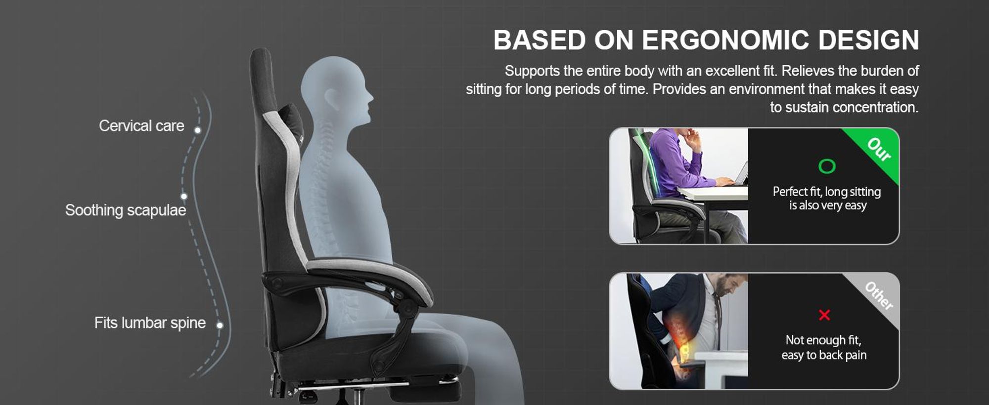 GTPLAYER Gaming stoel, ergonomische gaming fauteuil, bureaustoel, PC-gaming stoel, race stoel met stoffen bekleding, vering in de zitting met voetsteun, zwart