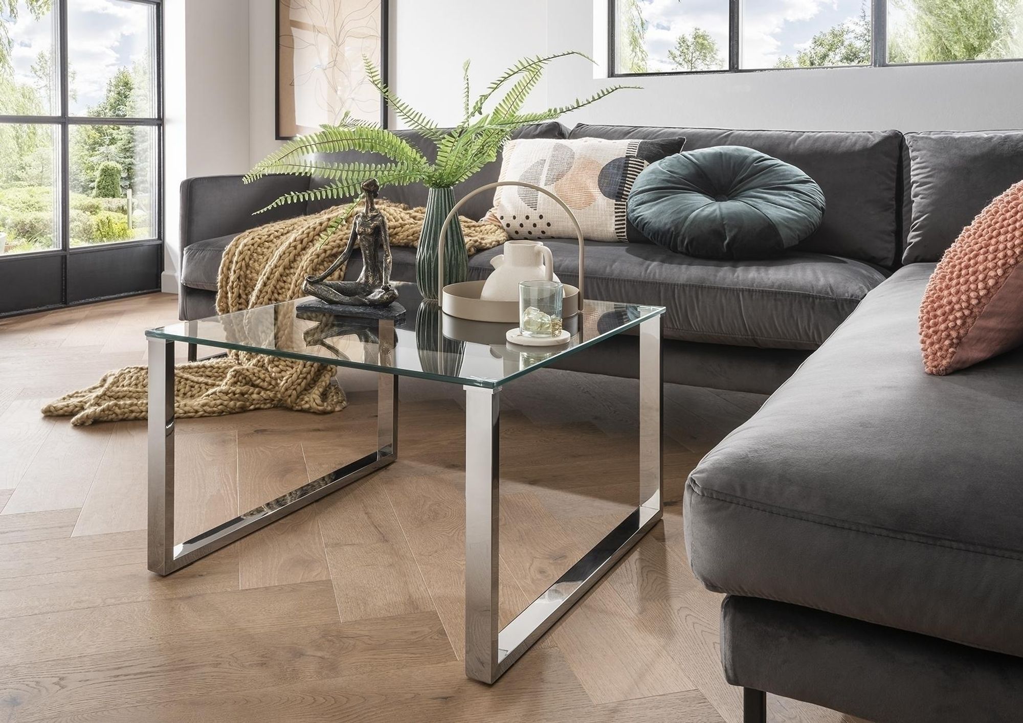 freiraum Couchtisch 7/200-00 – Glas-Couchtisch mit klarem Glas und Edelstahl-Gestell