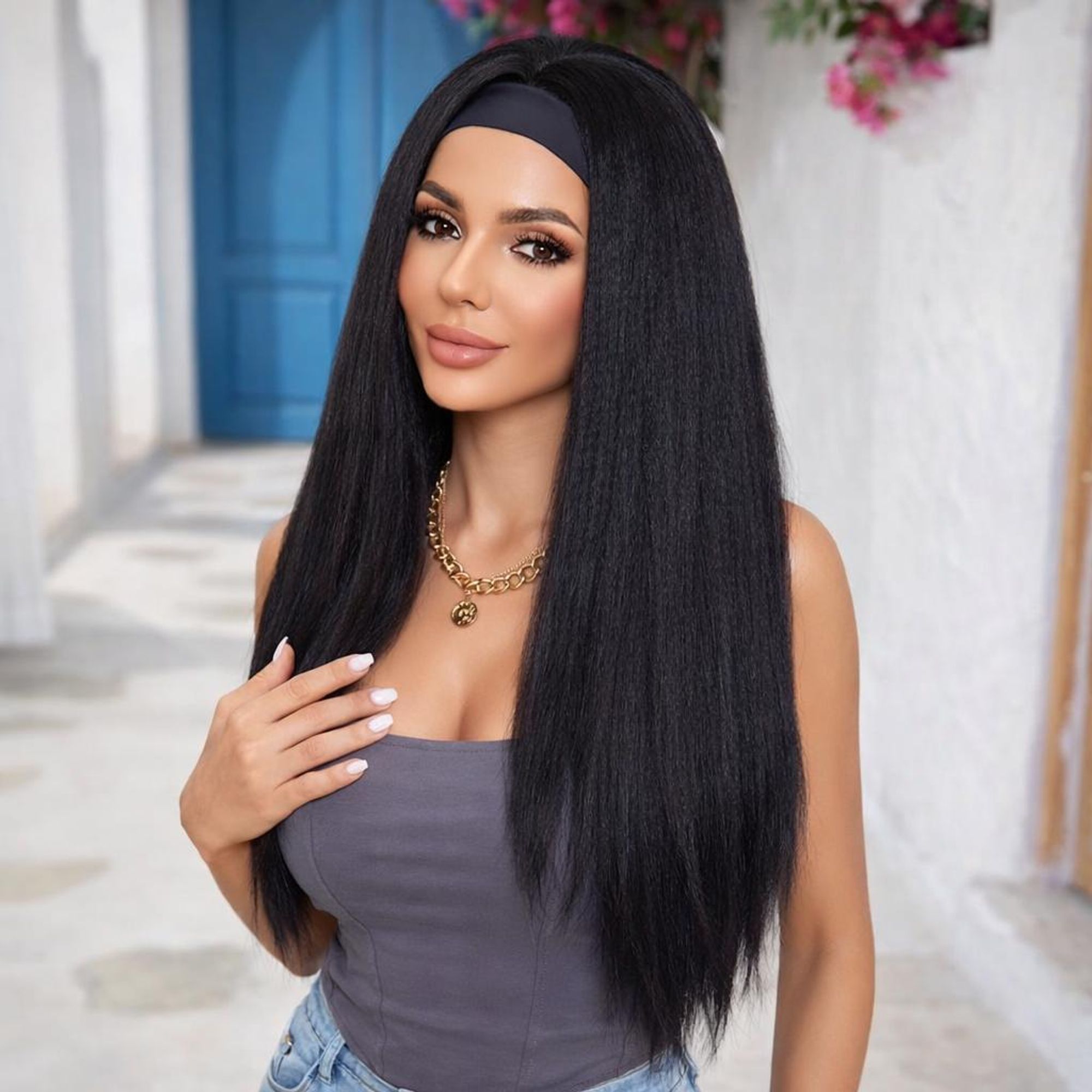 schwarze Perücke mit Band – Damenperücke mit langem Haar – Wig – Waschbar – Verstellbar – 70 cm