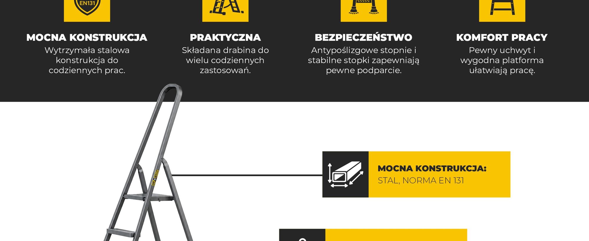 DRABEST | Drabina domowa - stalowa - 8 stopni - składane stopnie - uniwersalna - udźwig do 125 kg