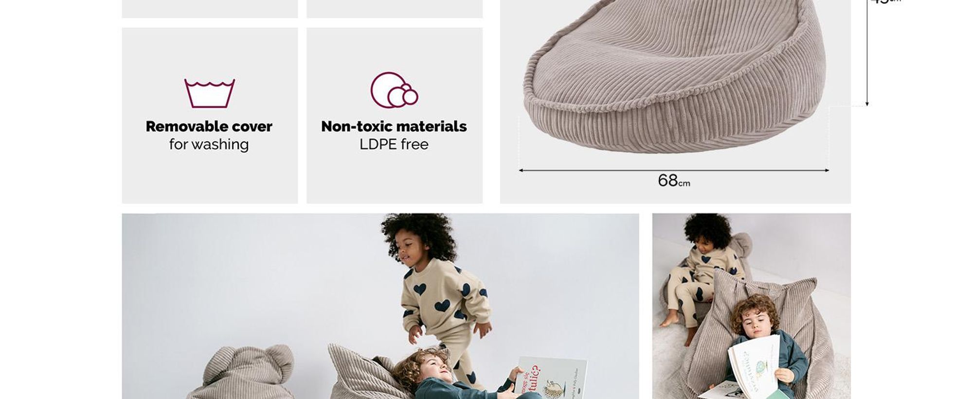 MISIOO Beanbag Kids - Veľký vrece Bean Bag - Umývateľný - - Pevná a mäkká konštrukcia - Manšestrový materiál - 68x45 cm - Béžová