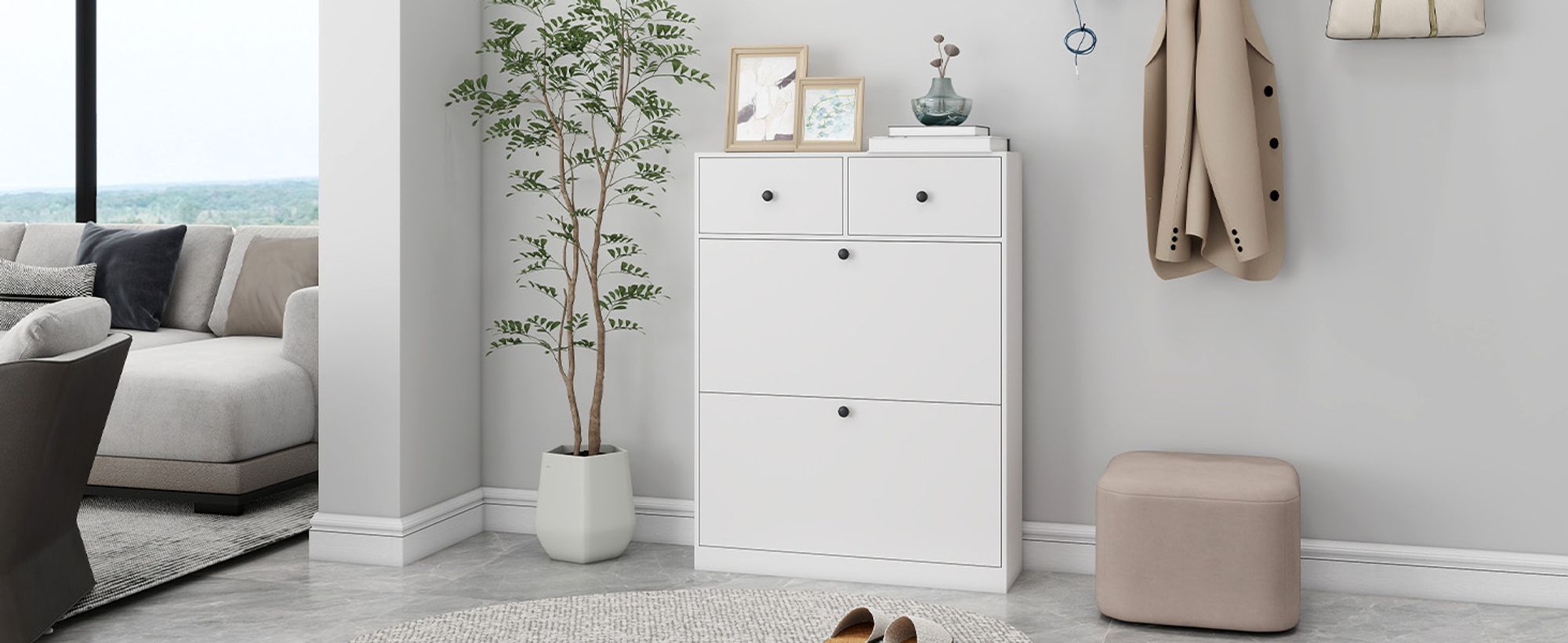 Puluomis Schuhschrank Schuhkipper mit 2 Schubladen und verstellbaren Regalen,24x80x106cm Höhe mit Kippschutz, weiß