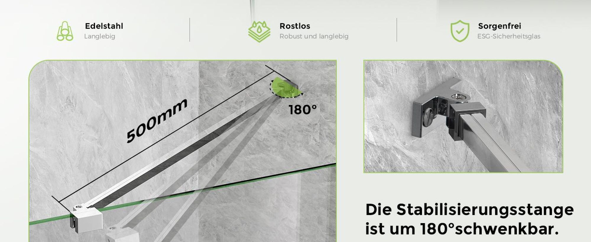 S'AFIELINA Duschkabine Stabilisator Aluminiumlegierung Stabilisierungsstange für Duschwand Glasdicke 5-6mm, Wandhalterung Einstelllänge 500mm ,2 Stück