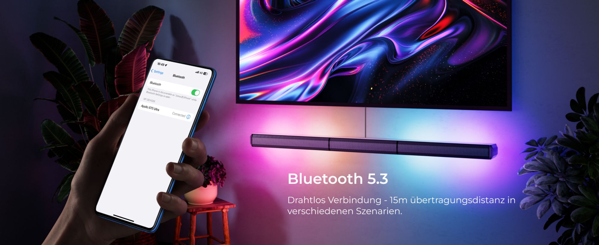 ULTIMEA 7.1ch abnehmbare Soundbar mit RGB Licht, Virtual Surround Sound System mit Subwoofer, 2 Surround Lautsprecher, 410W