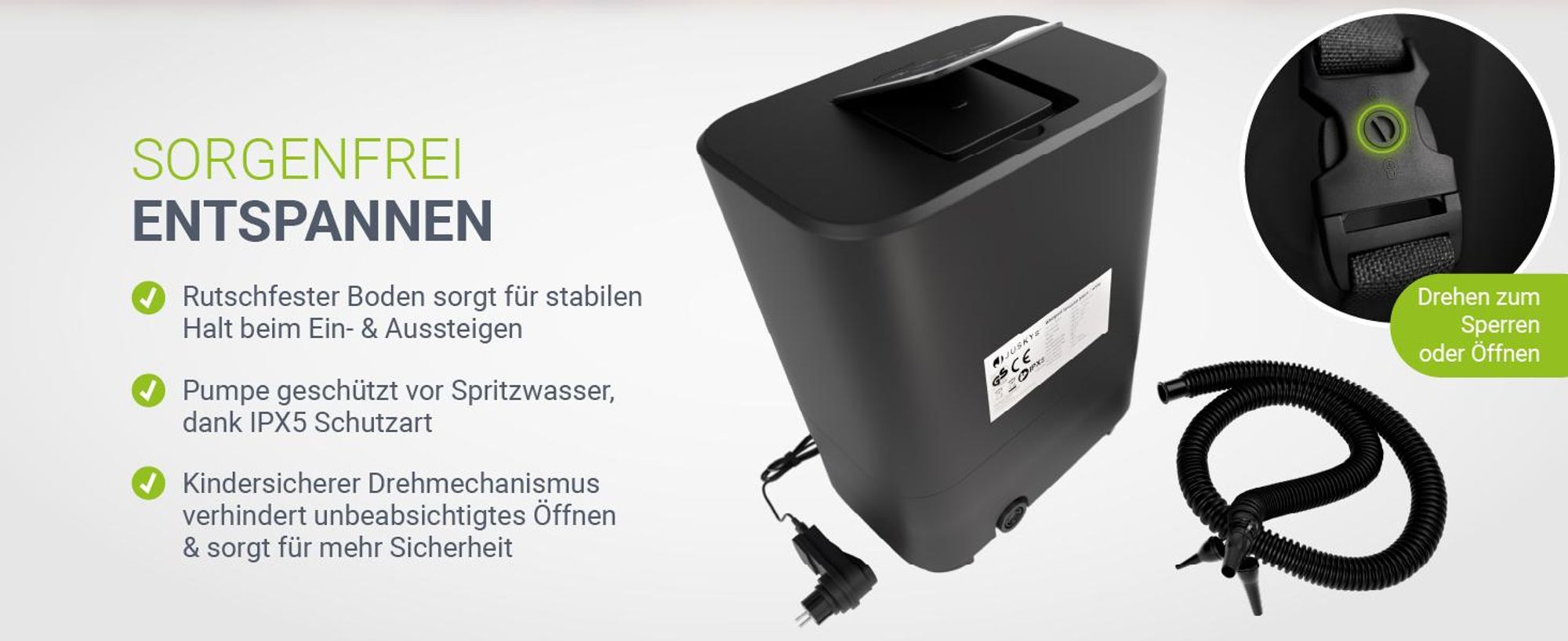 Juskys® Whirlpool SpaLuxe inkl. LED-Beleuchtung Schwarz/Weiß - 3000W, 130 Düsen, aufblasbar