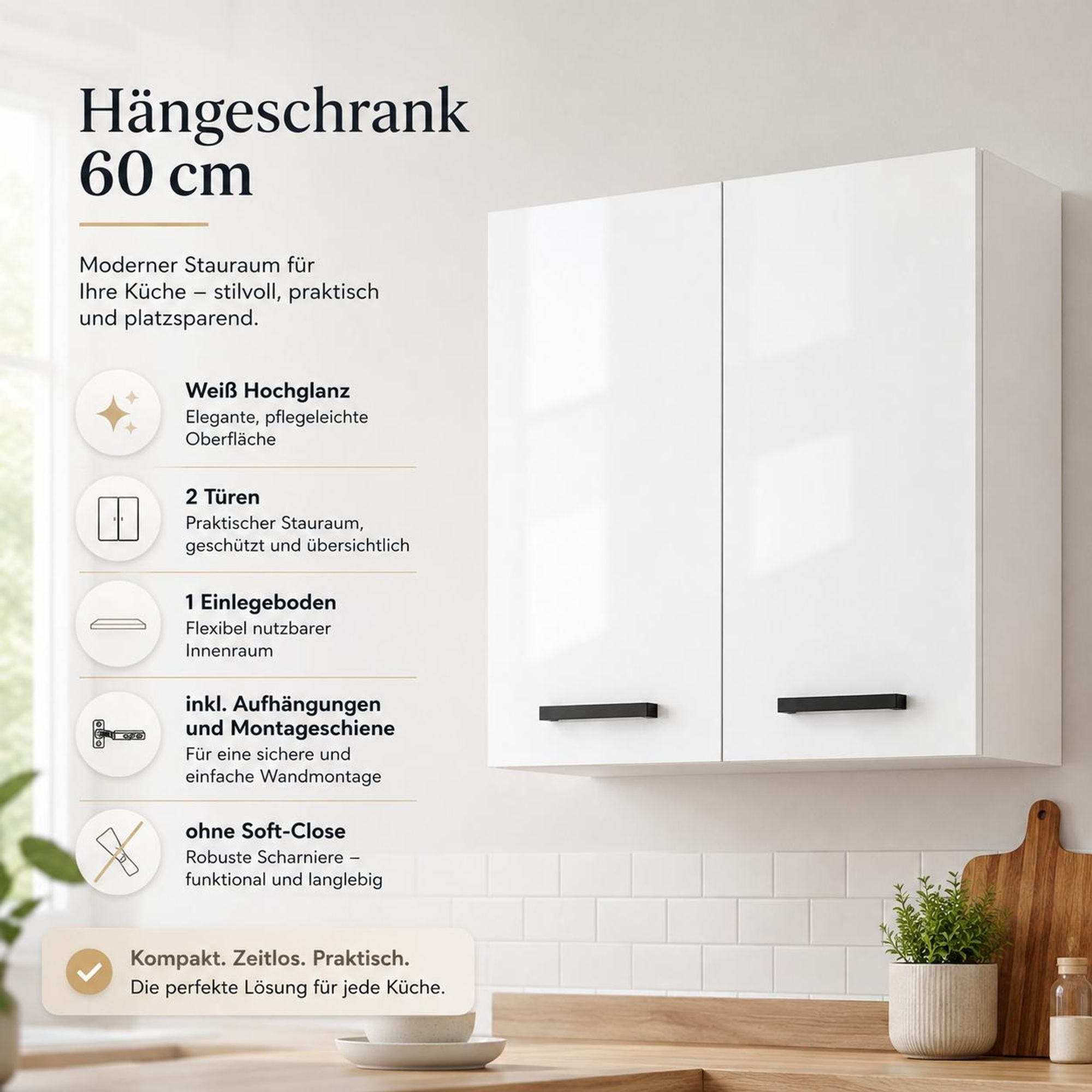 Hängeschrank 60 cm Weiß Hochglanz: Moderner Küchenschrank, 2 Türen, schwarze Griffe.
