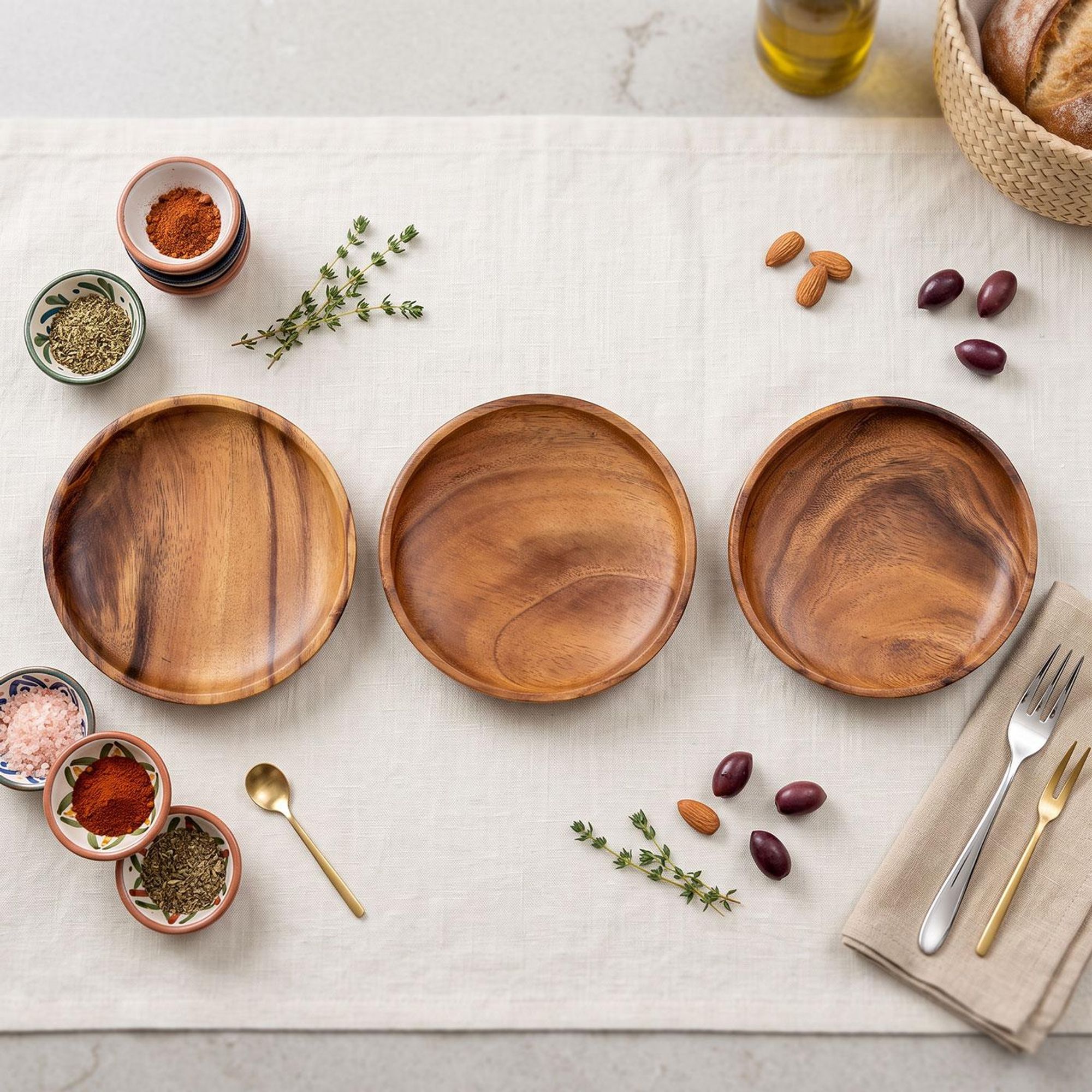 3er Set Snackteller Holz Akazie Ø15cm Holzteller Snackschale Obstschale Dekoschale Deko Tischdeko Akazienholz Holzdeko Aufbewahrung Ordnung