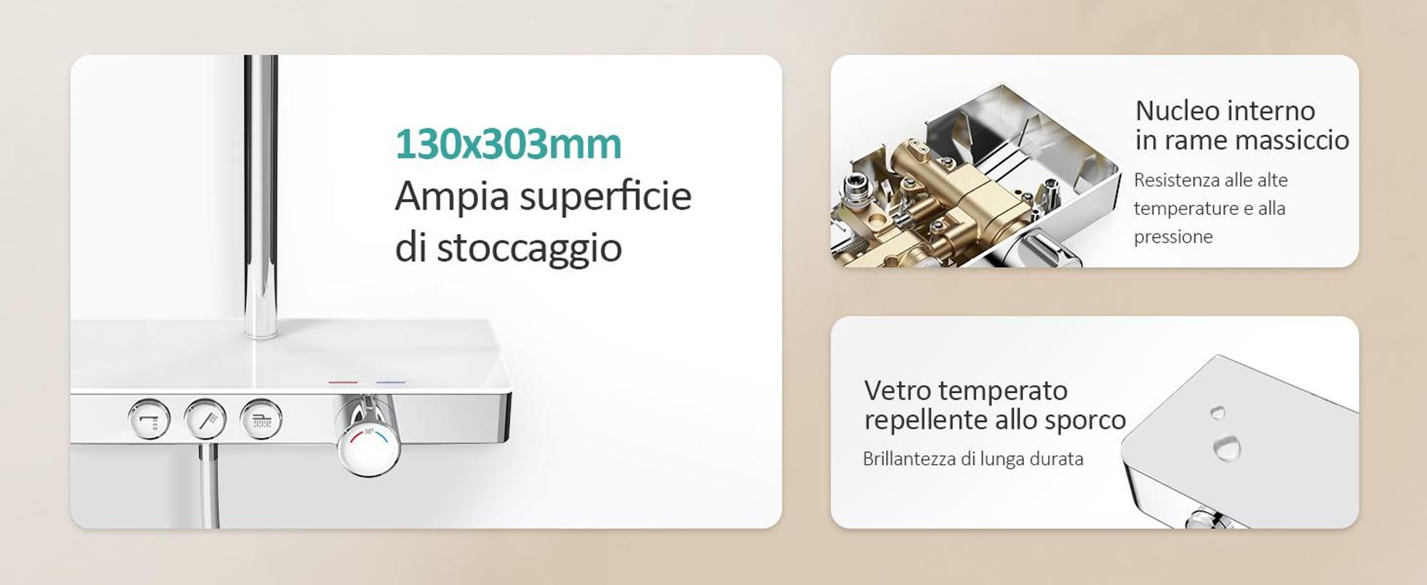 Sistema doccia EMKE con termostatico mensola in vetro doccetta 3 modalità di getto doccia a pioggia, rubinetteria per bagno e doccia, a parete,  KTW, cromo - F09