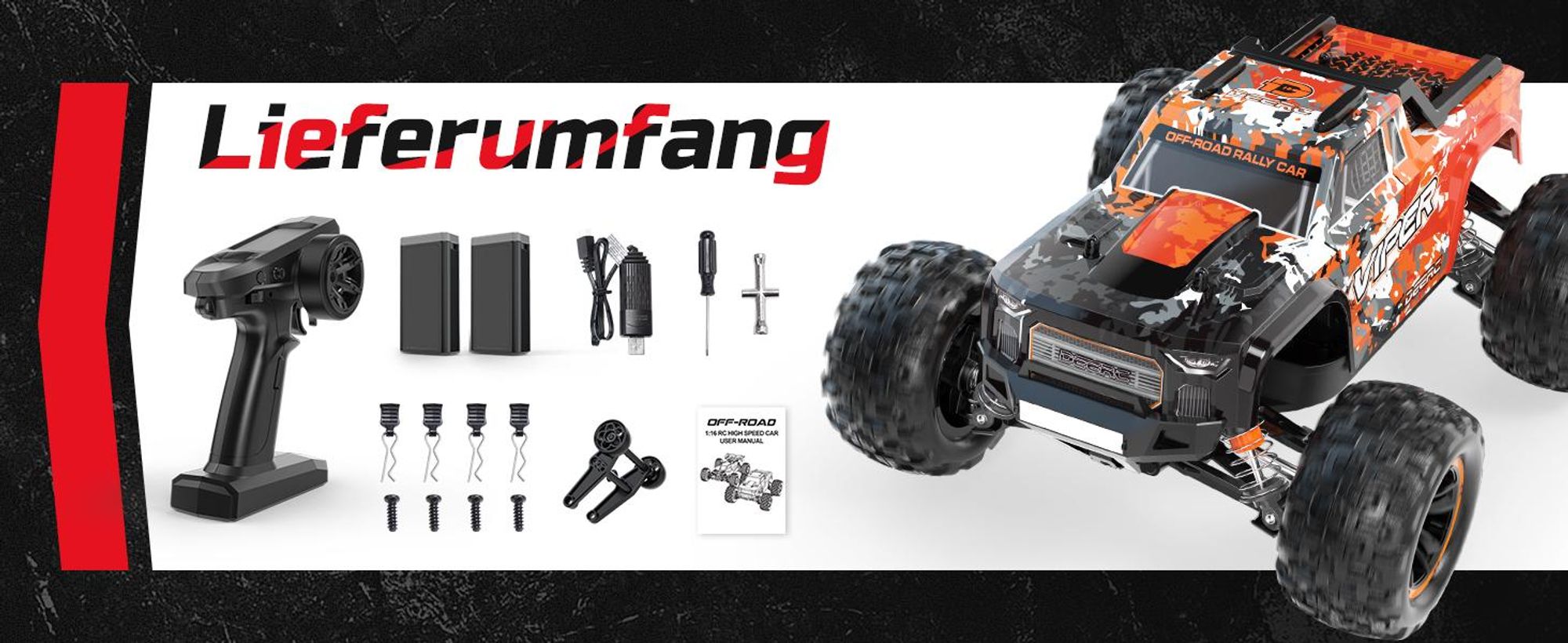 DEERC Ferngesteuertes Auto 1:16 Bürstenloser Motor 52 km/h, 4 WD Schnelles Rennauto mit 2 Akku für 40 Min. Laufzeit, 2.4-GHz RC Auto