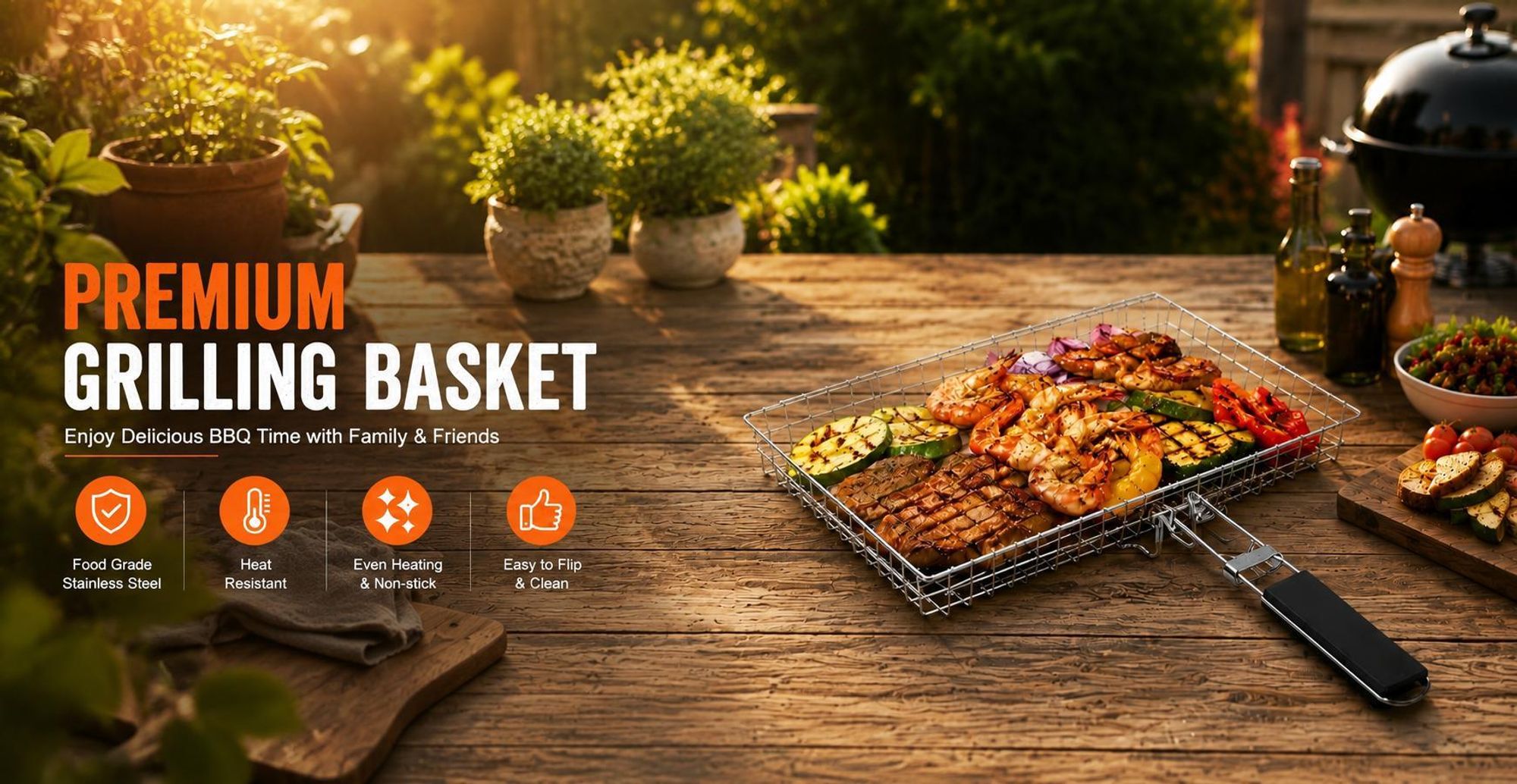Großer Edelstahl Grillguthalter Grillkorb Faltbar Tragbark mit Silikonpinsel und Grillzange,Miscellaneous barbecue accessories,Campingausrüstung&BBQ