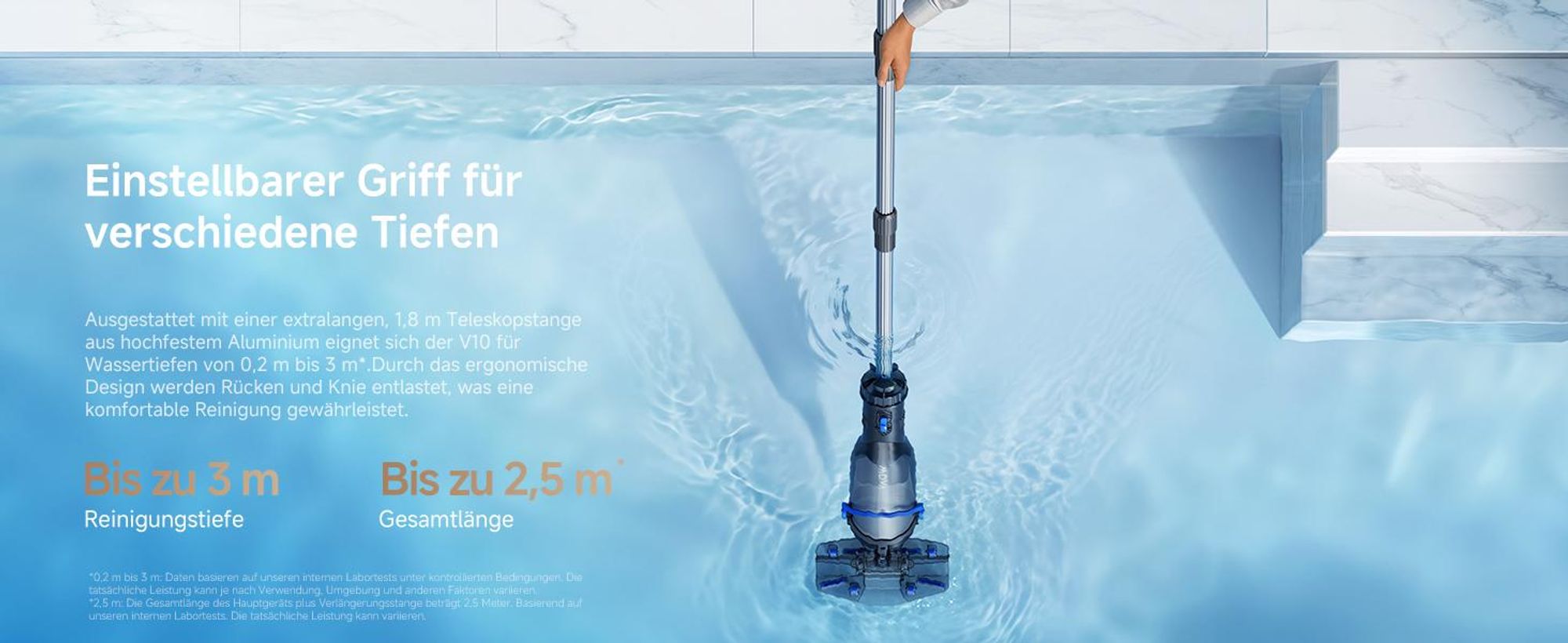 MOVA Handler V10 Kabelloser Poolsauger, 4.200 L/h Saugleistung, 60 Min Laufzeit, Transparenter Saugkopf, 1,8 m Teleskopgriff
