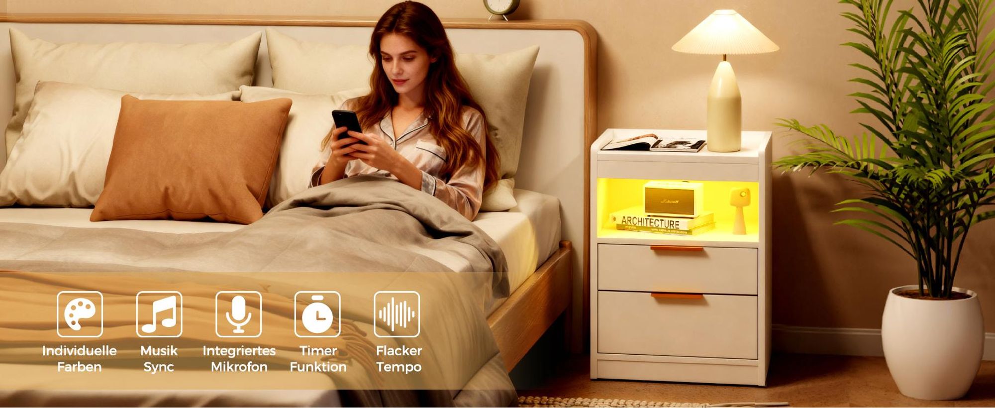 Mondeer Nachttisch mit LED-Beleuchtung & USB-Ladestation, Moderner Beistelltisch mit 2 Steckdosen, Doppel-USB, 3 Schubladen und Staufach Weiß