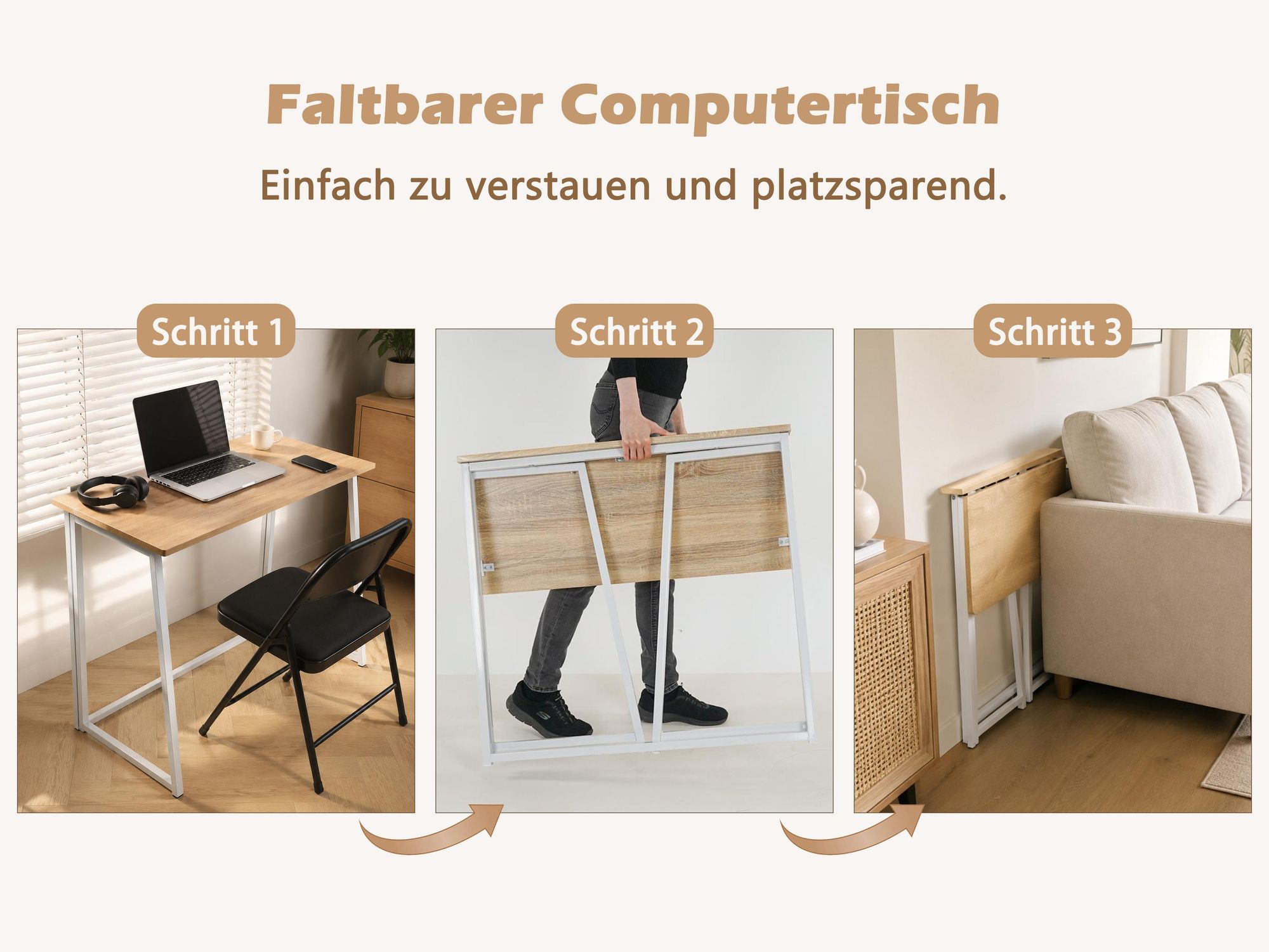 Meubles Cosy Industrieller Klappschreibtisch / Computertisch aus Eiche und weißem Metall - ASCOLI