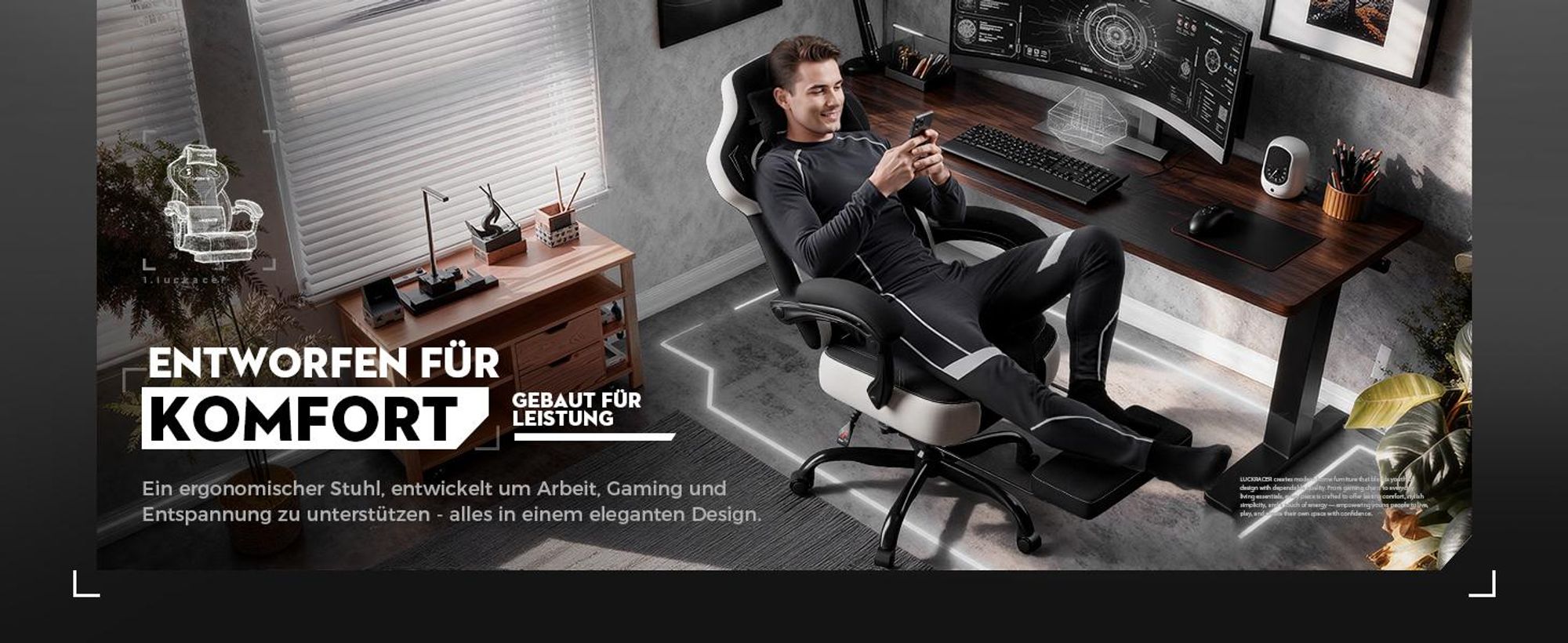 LUCKRACER Gaming Stuhl, Bürostuhl mit verbundenen Armlehnen, Memory-Schaum-Kissen, 90–155° Neigungswinkel und Fußstütze, strapazierfähigem Funktionsge