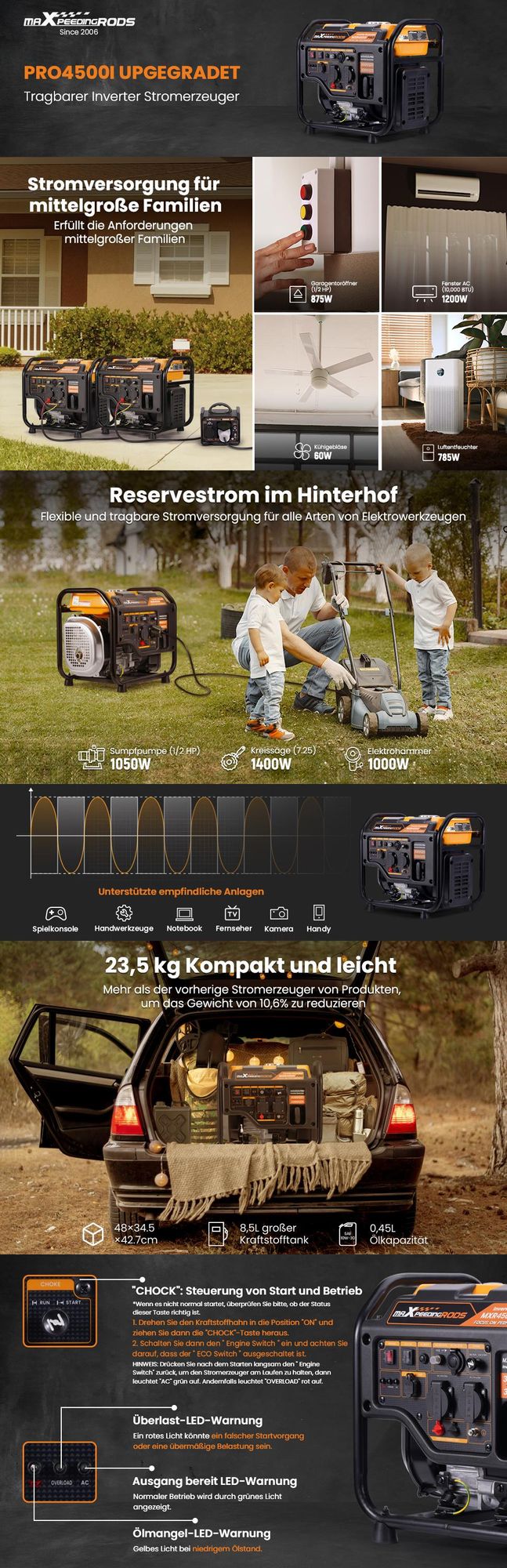 MaXpeedingrods Stromerzeuger Inverter 3200W 4-Takt Benzin Generator 23.5KG tragbar 2 x USB
